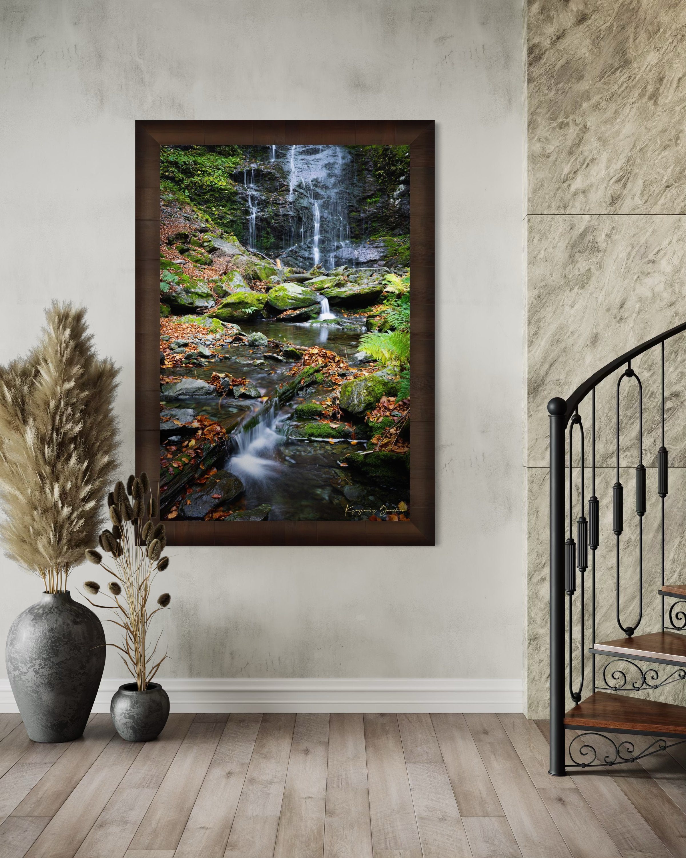 Waterfall flowing through mossy stones and fallen leaves in an autumnal forest within Stara Reka Reserve, Central Balkan National Park. #Finish_Roma Cigar Leaf Frame
