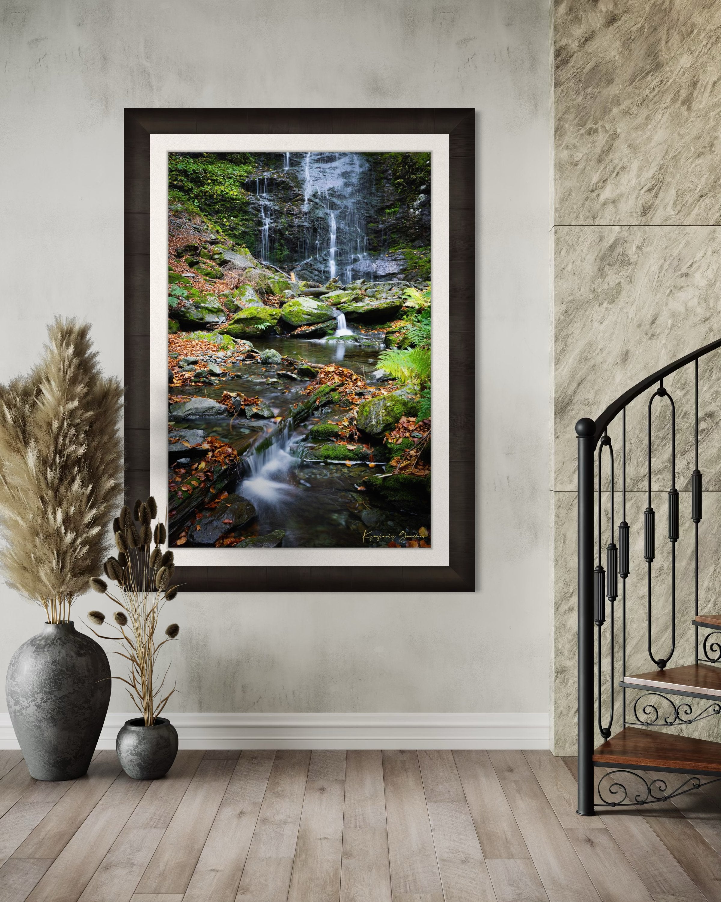 Waterfall flowing through mossy stones and fallen leaves in an autumnal forest within Stara Reka Reserve, Central Balkan National Park. #Finish_Roma Dark Ash Frame & Bright Liner