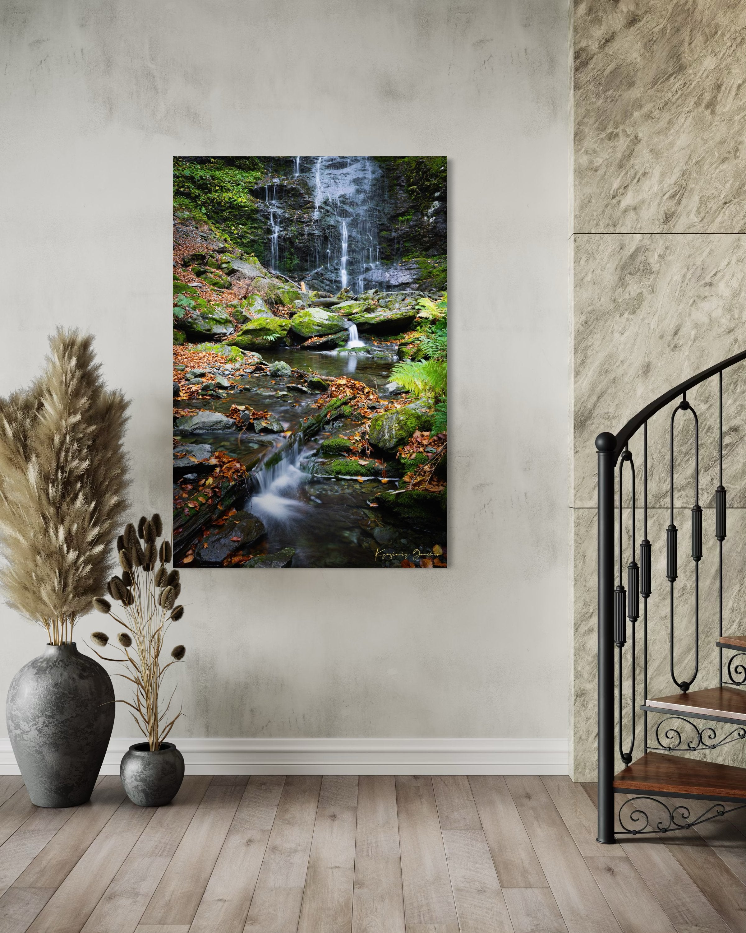 Waterfall flowing through mossy stones and fallen leaves in an autumnal forest within Stara Reka Reserve, Central Balkan National Park. #Finish_Acrylic Recess