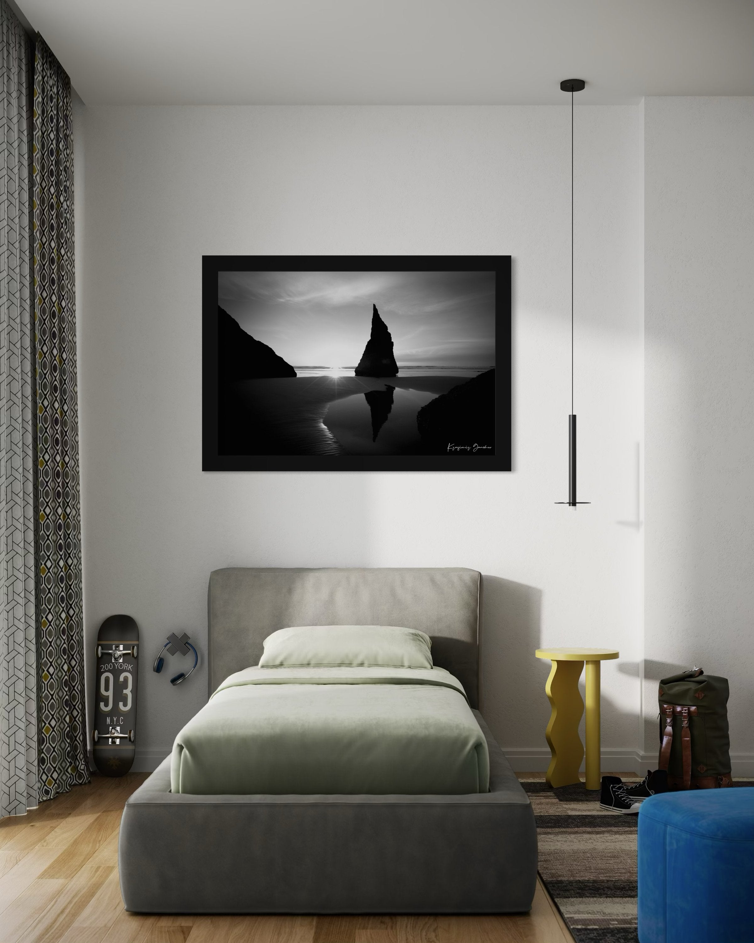 Black and white photograph of the Wizards Hat sea stack at Bandon Beach under hazy sunlight with clouds and ocean reflections. #Finish_Roma Satin Black Frame