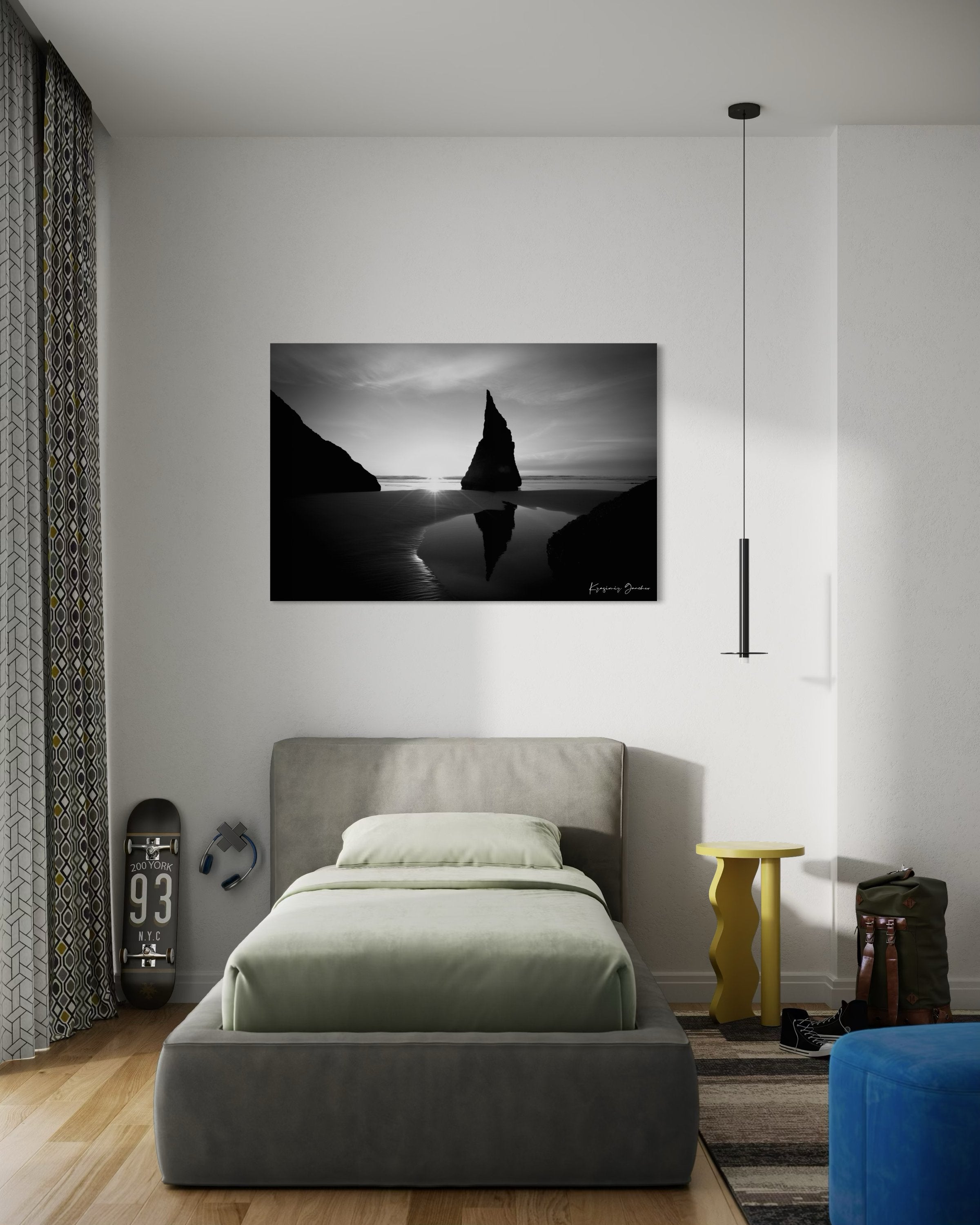 Black and white photograph of the Wizards Hat sea stack at Bandon Beach under hazy sunlight with clouds and ocean reflections. #Finish_Acrylic Recess