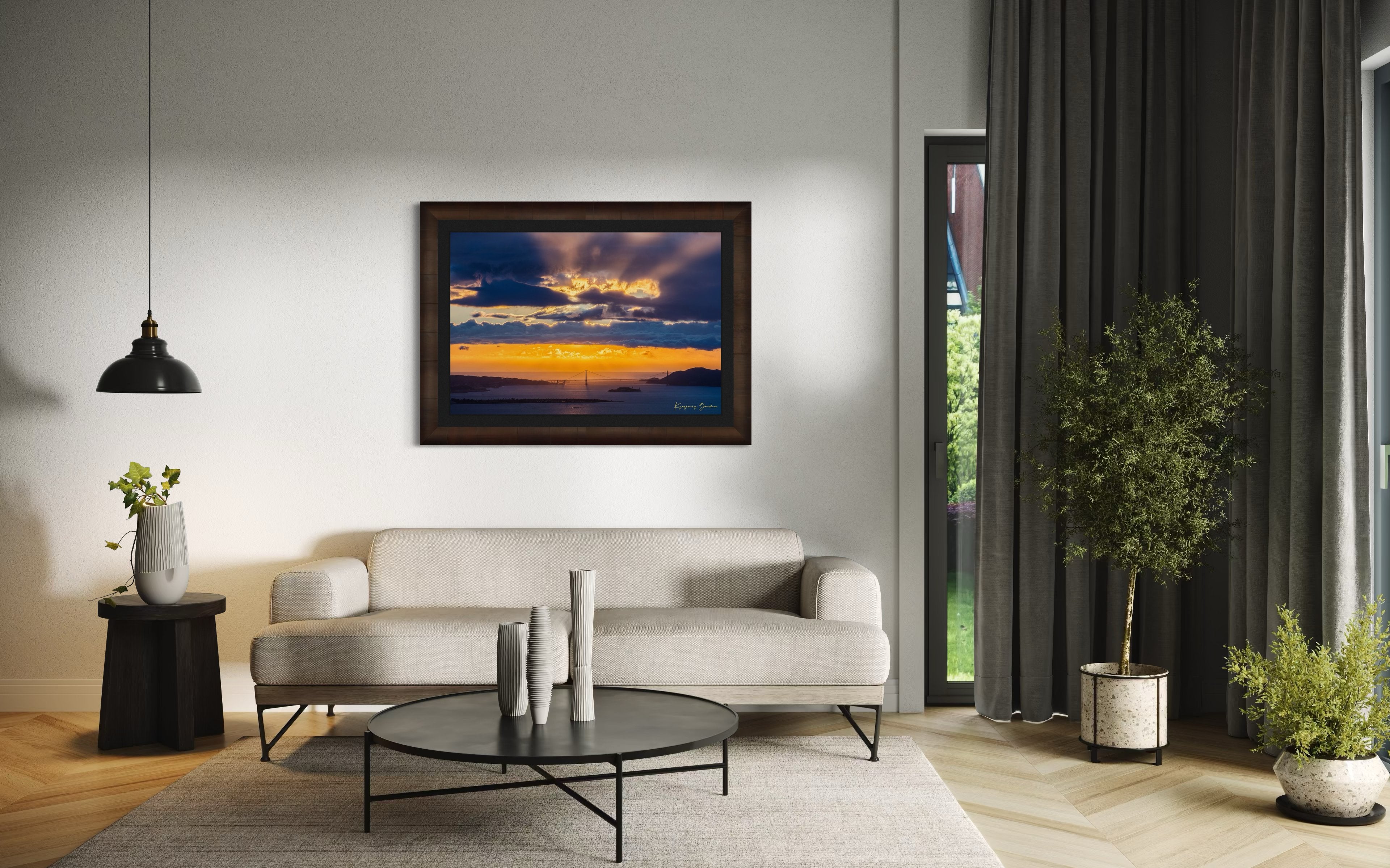 Golden Gate Bridge spanning a sunlit bay at sunset under layered stormy clouds, warm hues blending into cool sky tones. #Finish_Roma Cigar Leaf Frame & Dark Liner