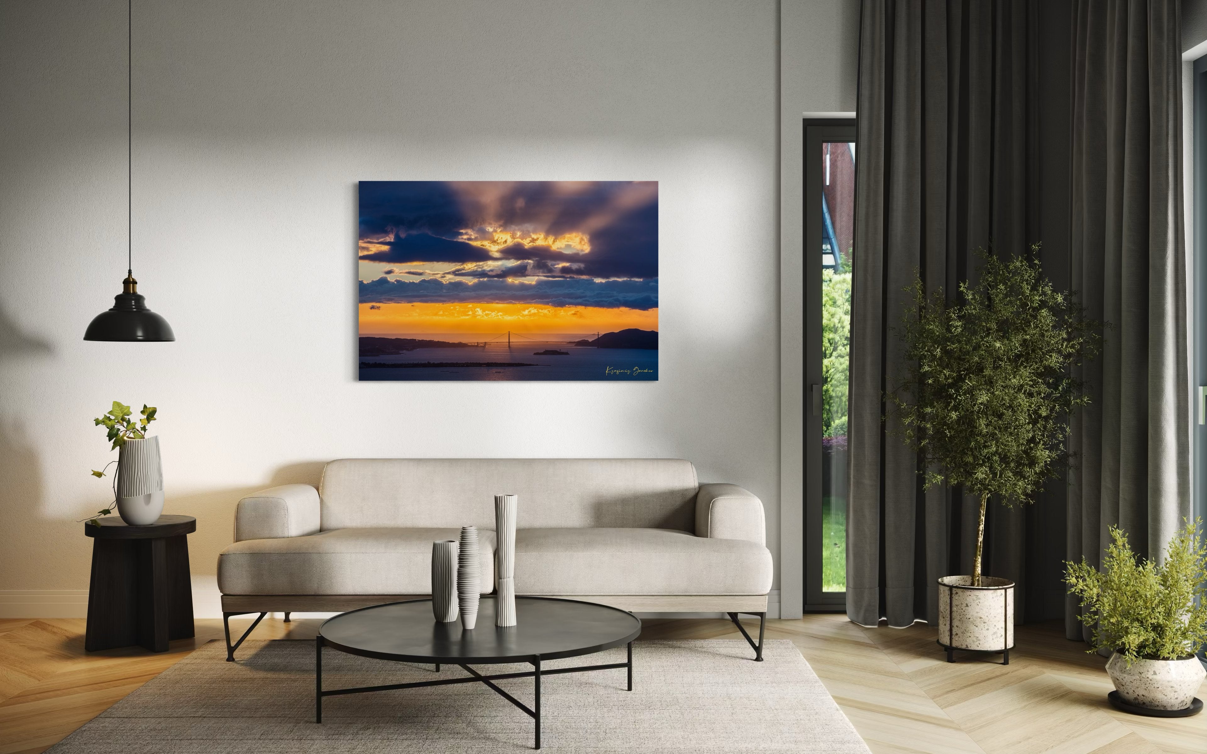 Golden Gate Bridge spanning a sunlit bay at sunset under layered stormy clouds, warm hues blending into cool sky tones. #Finish_Acrylic Recess