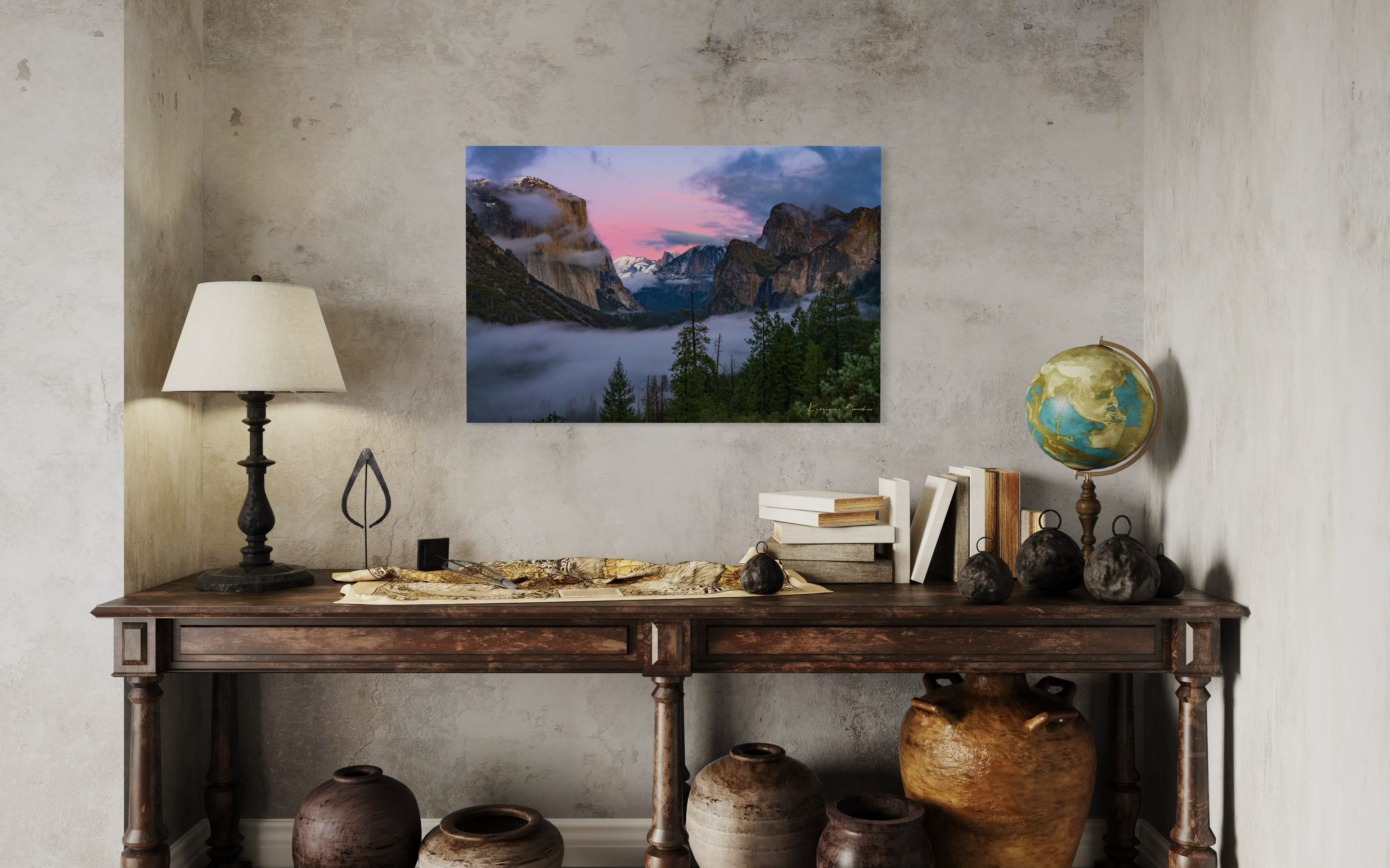 Sunset view of El Capitan monolith in Yosemite National Park, surrounded by valley fog and clouds. #Finish_Acrylic Recess