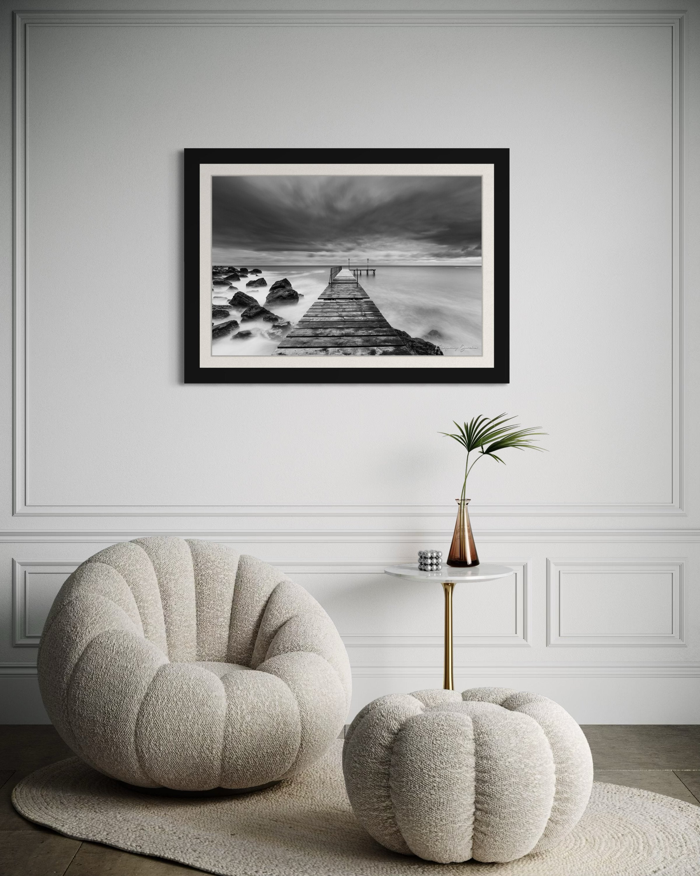 Coastal rocks and pier along the Black Sea coast during storm, wave activity visible. #Finish_Roma Satin Black Frame & Bright Liner