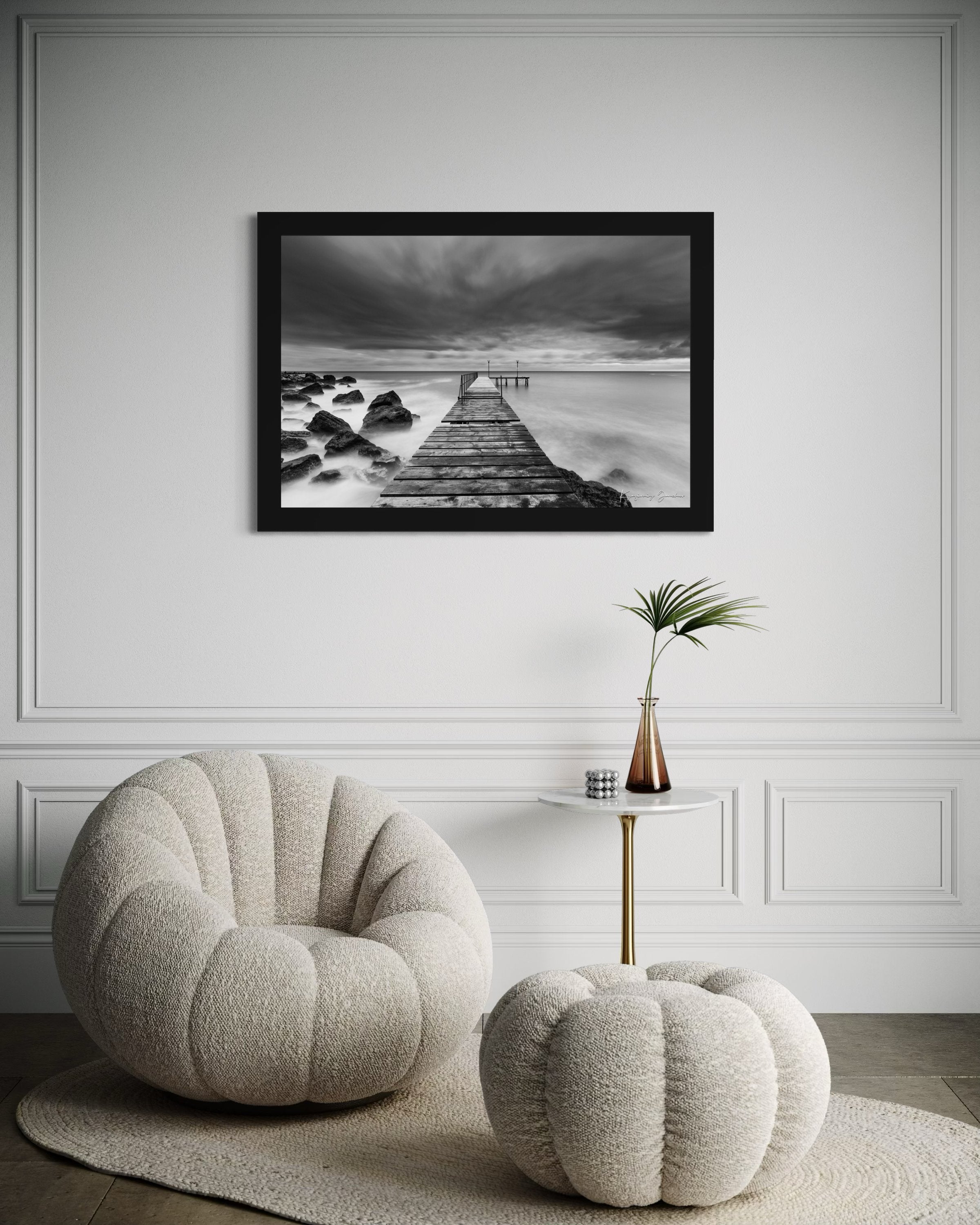 Coastal rocks and pier along the Black Sea coast during storm, wave activity visible. #Finish_Roma Satin Black Frame