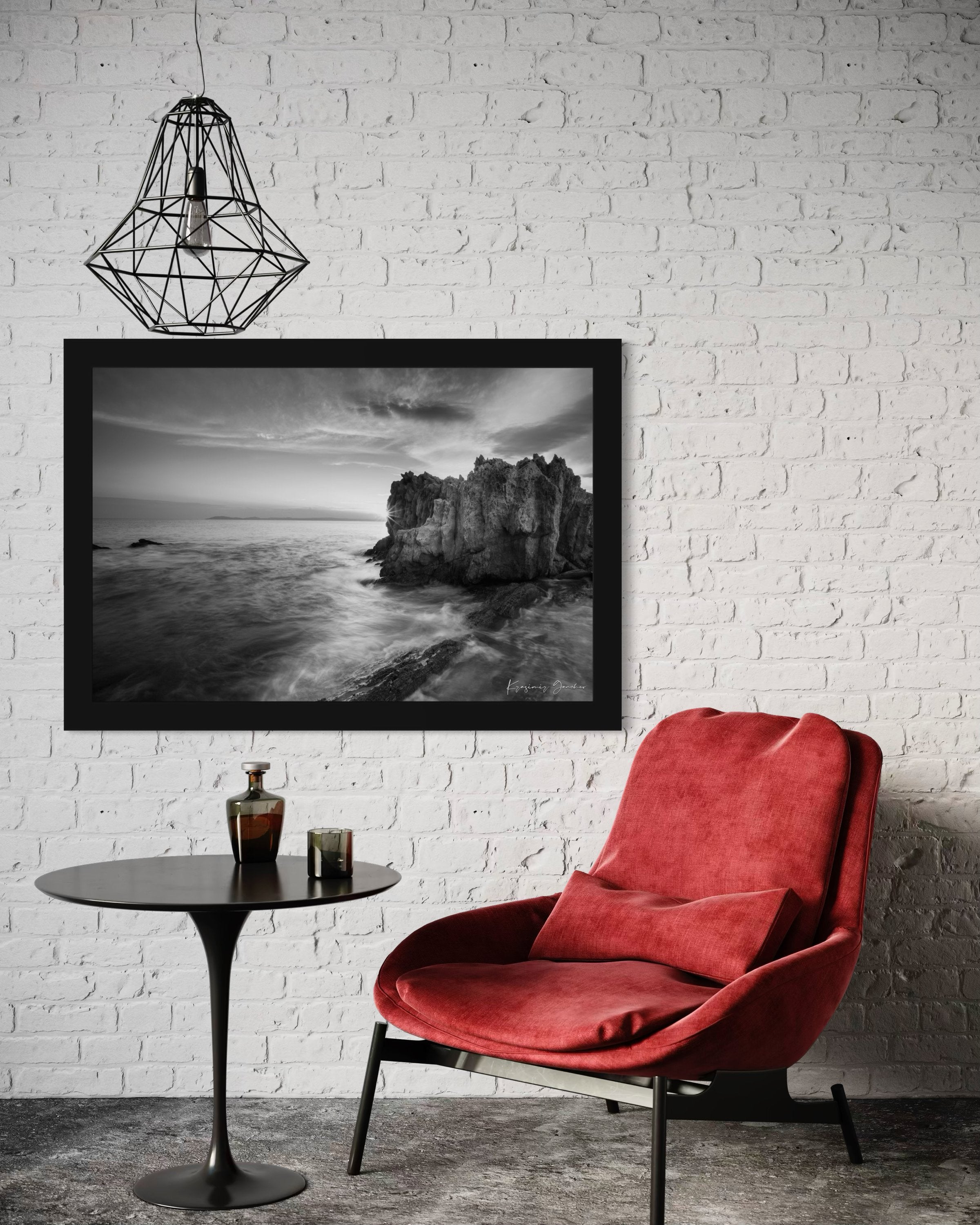 Black and white photograph of Sithonia’s rugged coastal cliffs during sunset, high contrast with breaking waves. #Finish_Roma Satin Black Frame