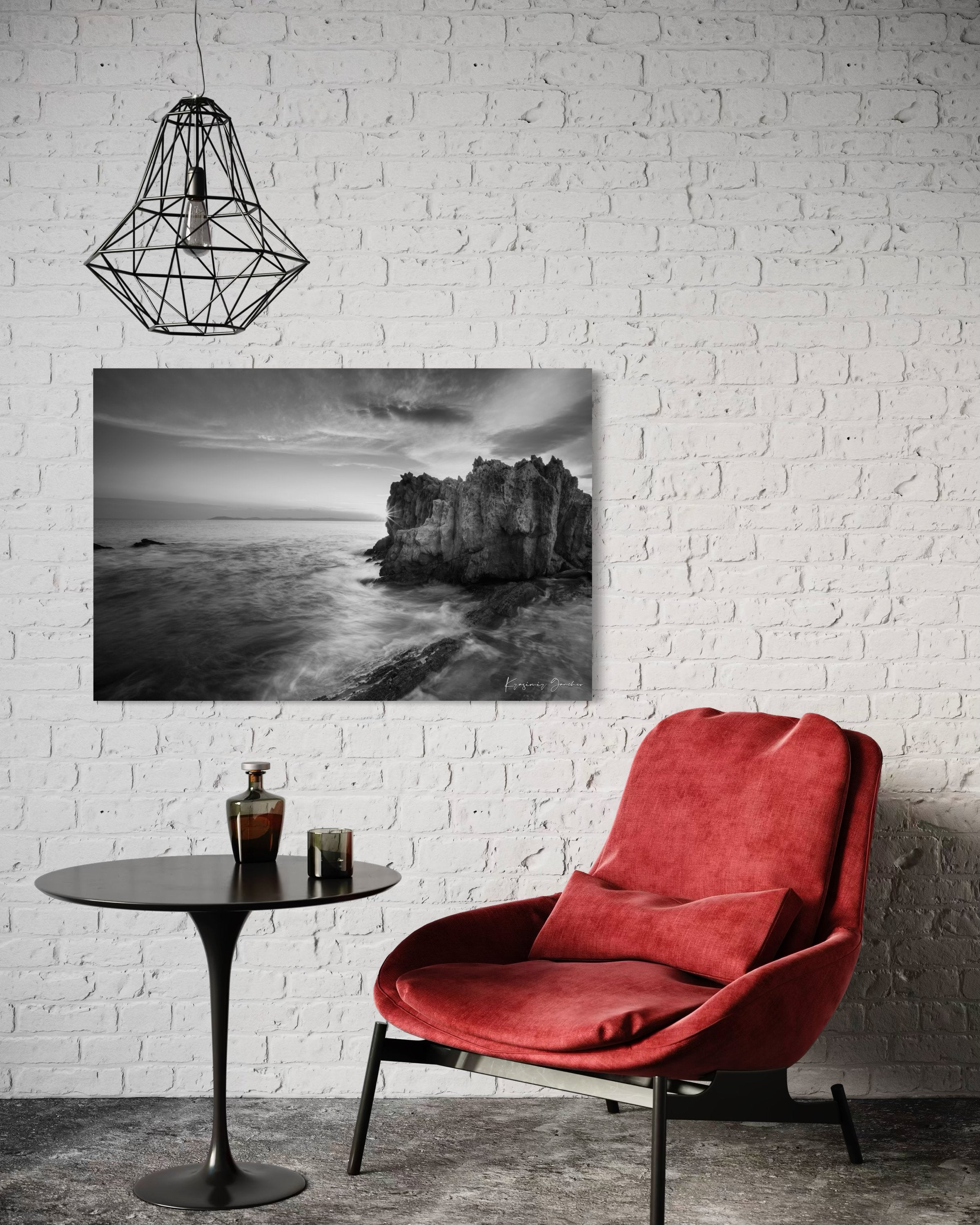 Black and white photograph of Sithonia’s rugged coastal cliffs during sunset, high contrast with breaking waves. #Finish_Acrylic Recess