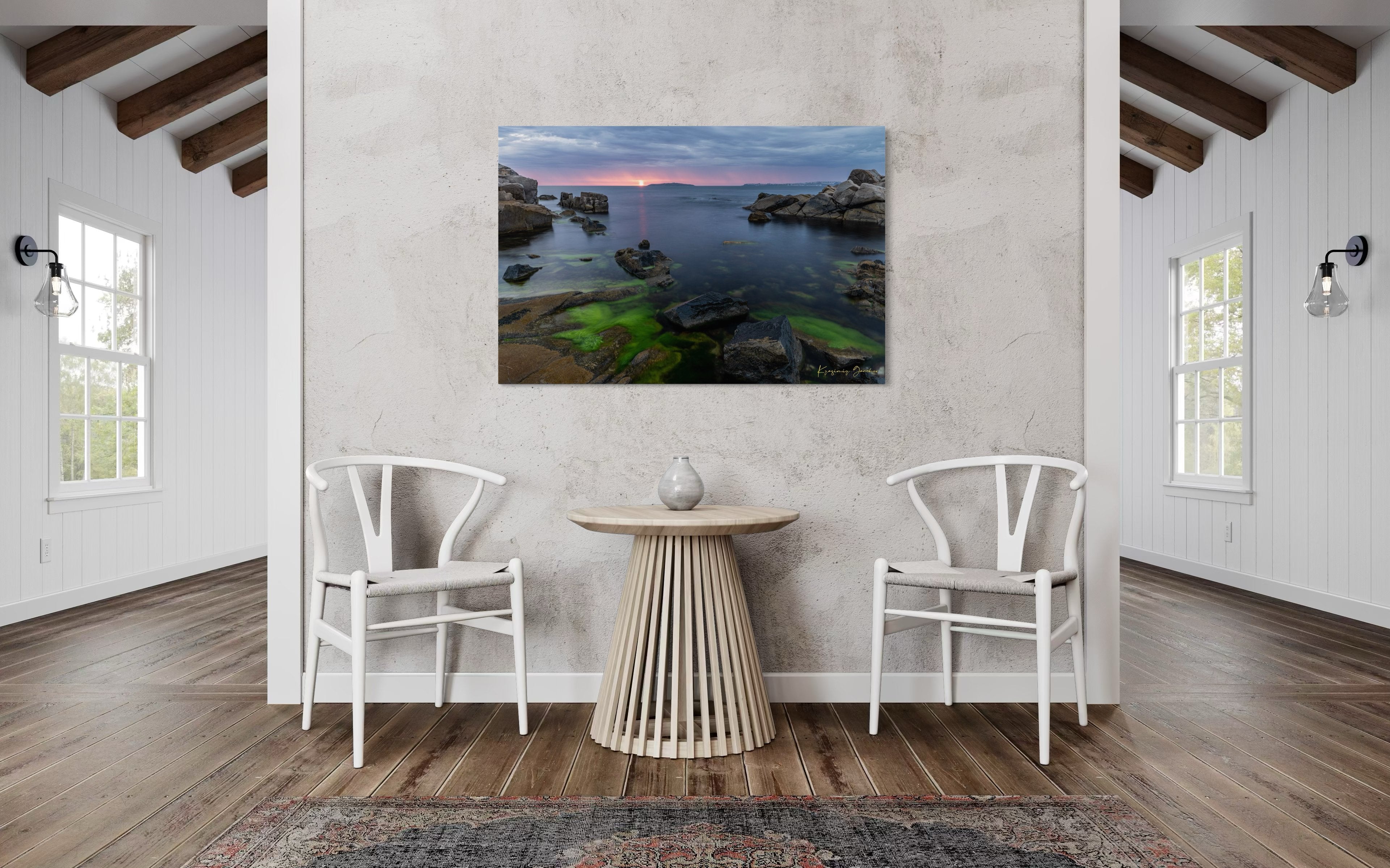 Chernomorets coastal shoreline at sunrise with sea waves under stormy sky and distant rain shadows. #Finish_Acrylic Recess