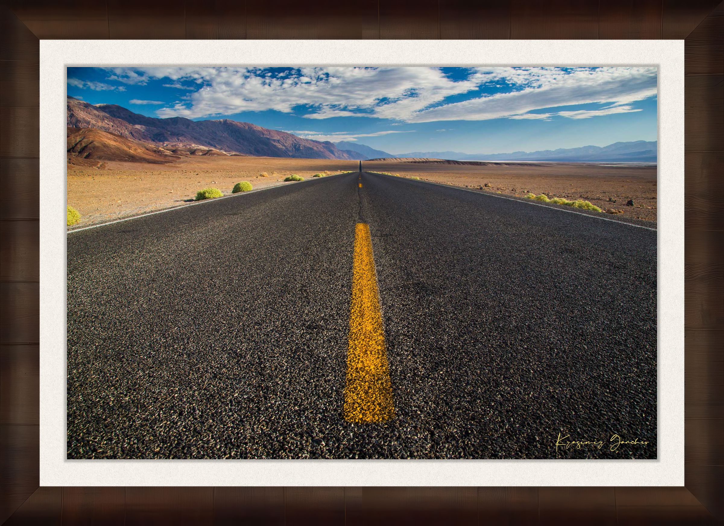 Straight desert road stretching into an open landscape of arid terrain in Death Valley National Park under overcast skies. #Finish_Roma Cigar Leaf Frame & Bright Liner