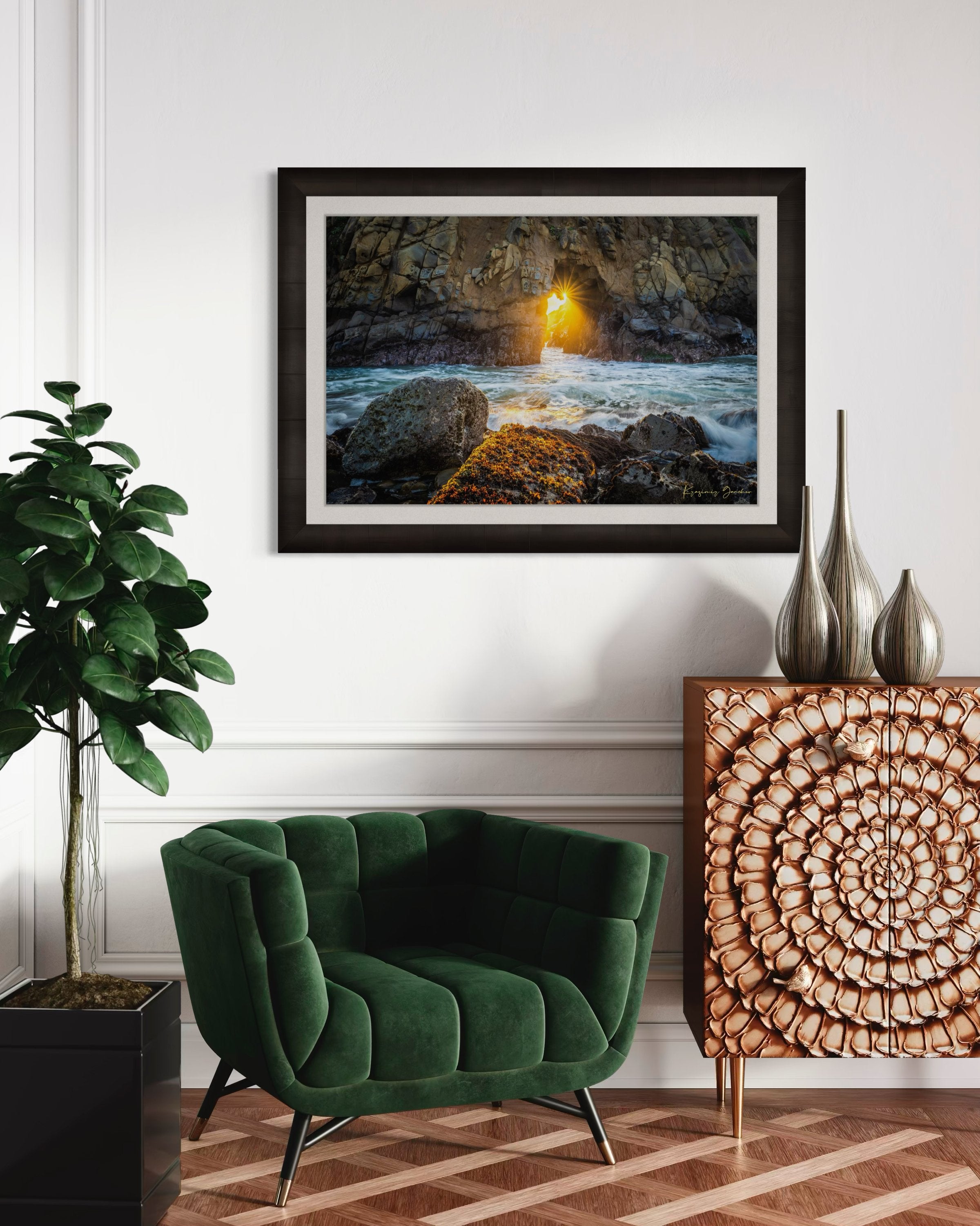 Golden-hour photograph of a coastal arch formed by erosion at Big Sur's rugged shoreline, featuring boulders and open sea. #Finish_Roma Dark Ash Frame & Bright Liner