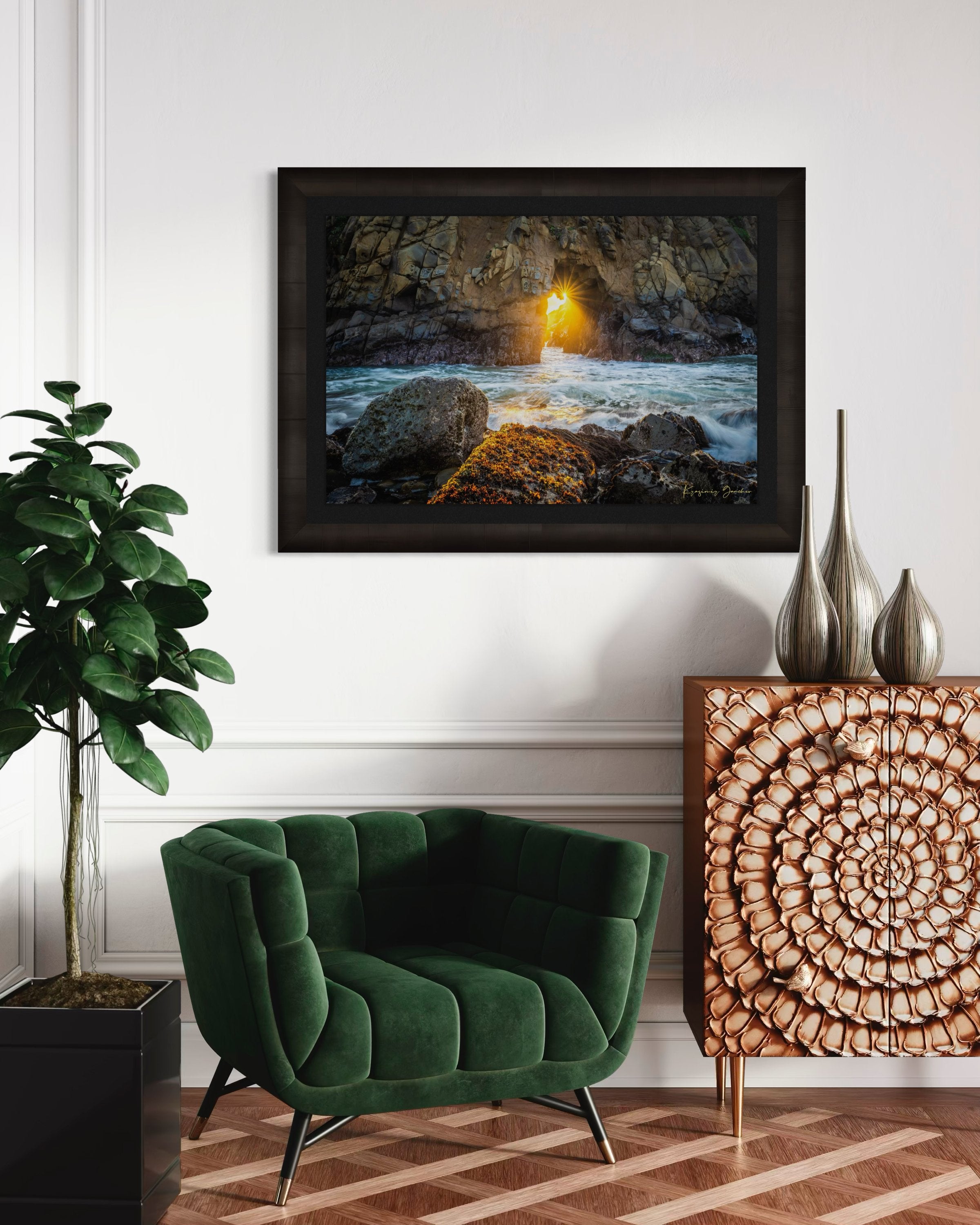 Golden-hour photograph of a coastal arch formed by erosion at Big Sur's rugged shoreline, featuring boulders and open sea. #Finish_Roma Dark Ash Frame & Dark Liner