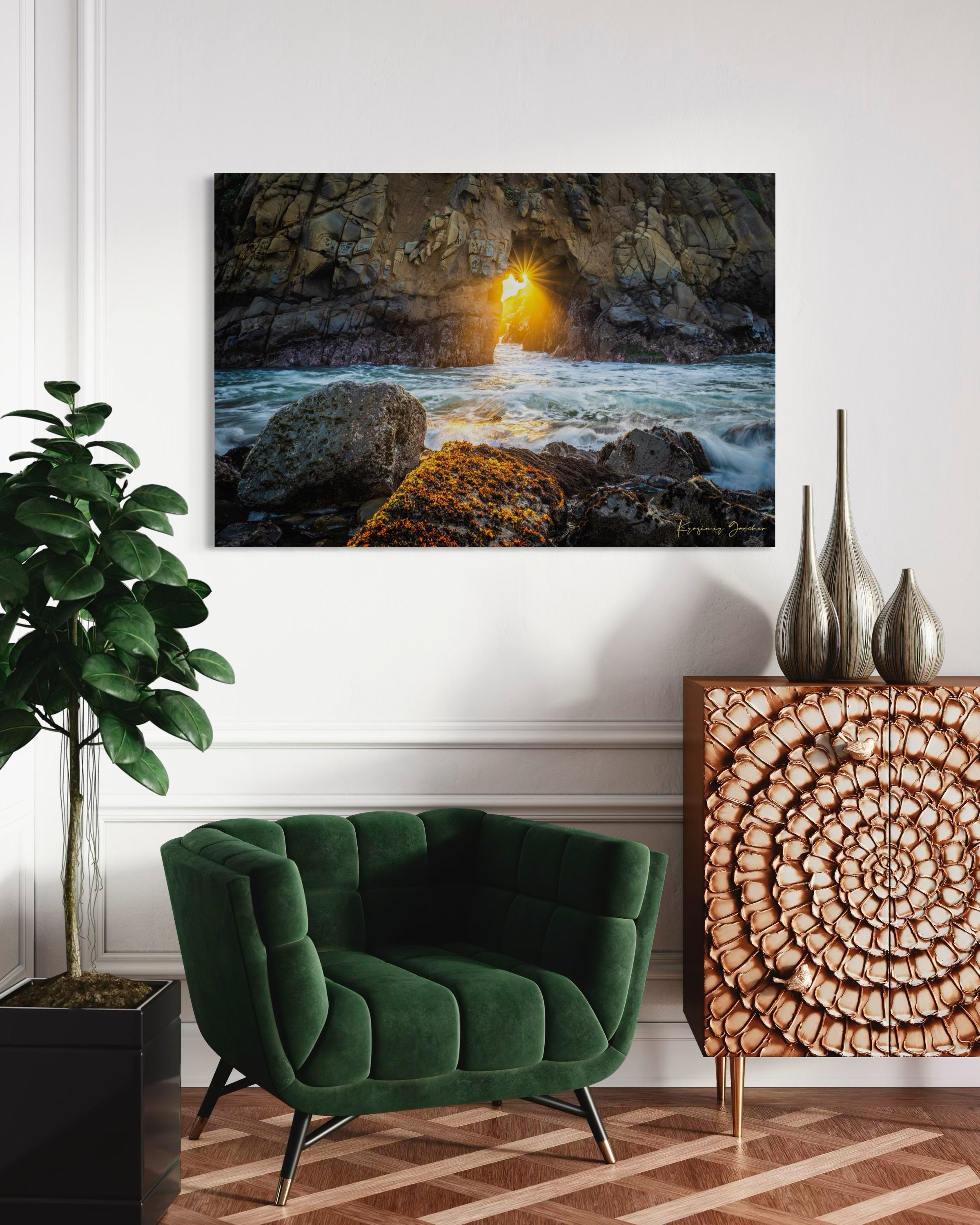 Golden-hour photograph of a coastal arch formed by erosion at Big Sur's rugged shoreline, featuring boulders and open sea. #Finish_Acrylic Recess