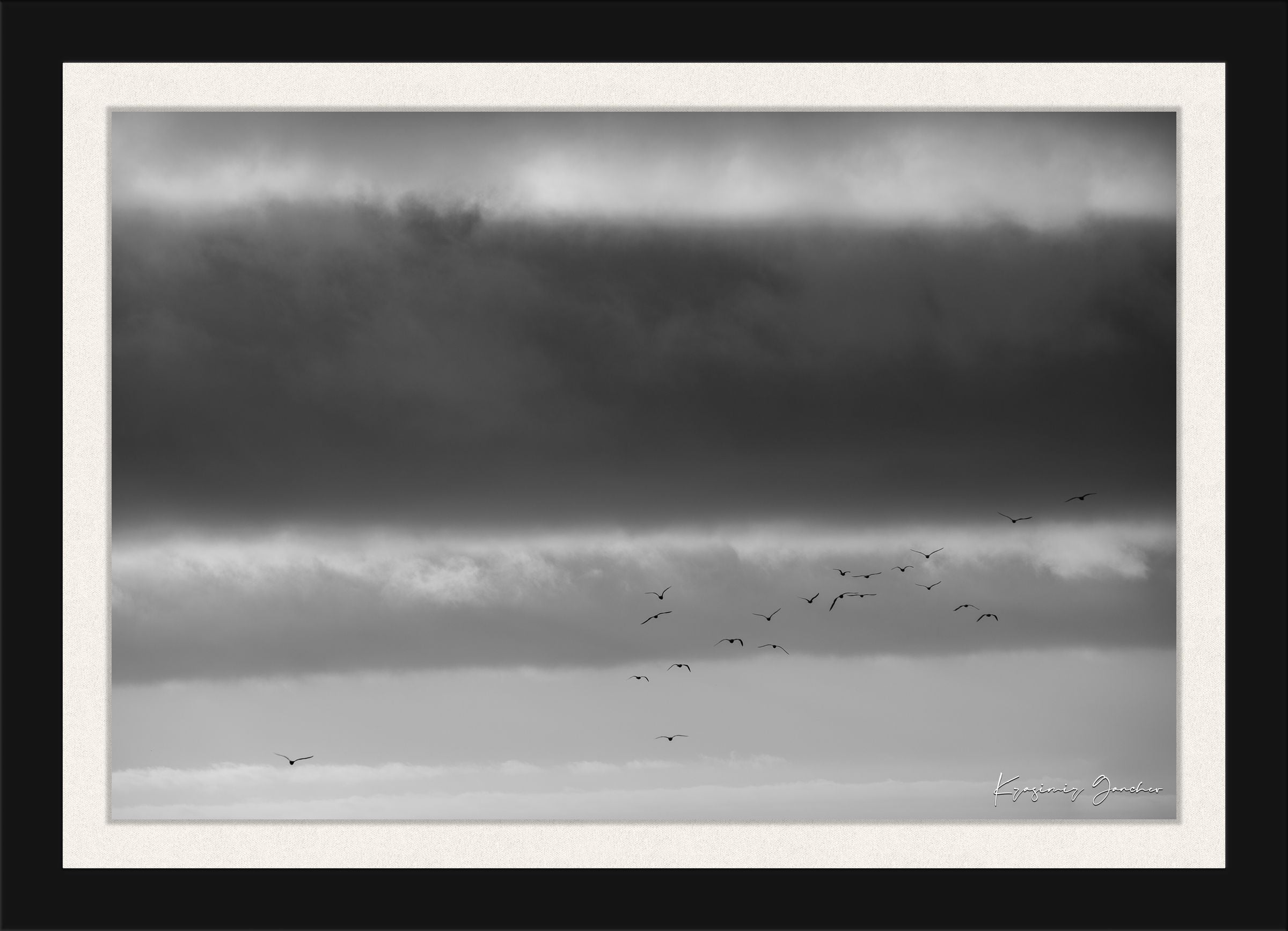 Big Sur landscape under daytime clouds showing a wide sky and distant movement of birds across open terrain. #Finish_Roma Satin Black Frame & Bright Liner