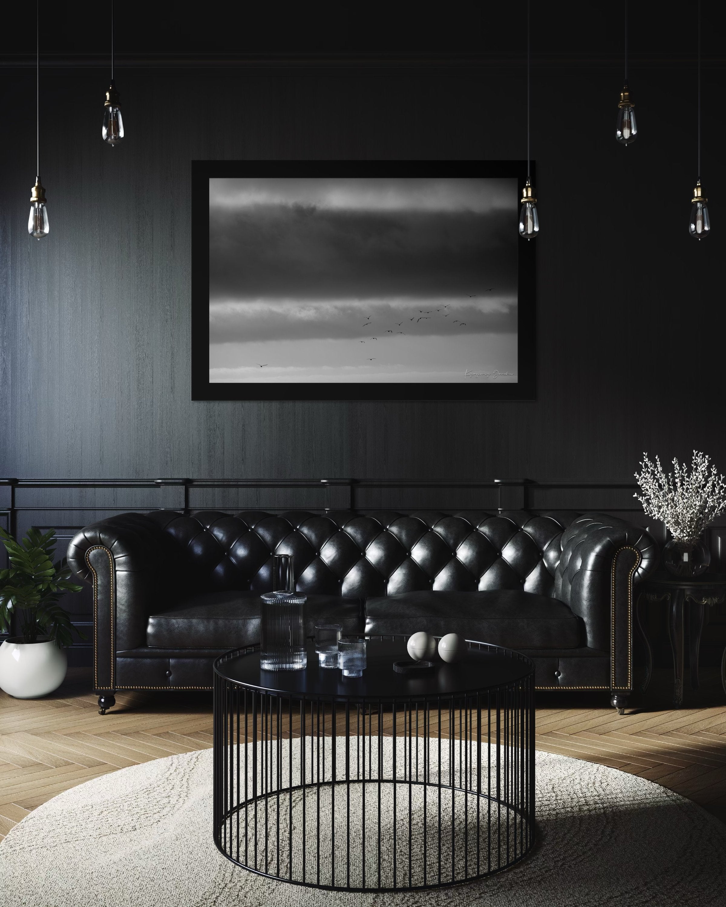 Big Sur landscape under daytime clouds showing a wide sky and distant movement of birds across open terrain. #Finish_Roma Satin Black Frame