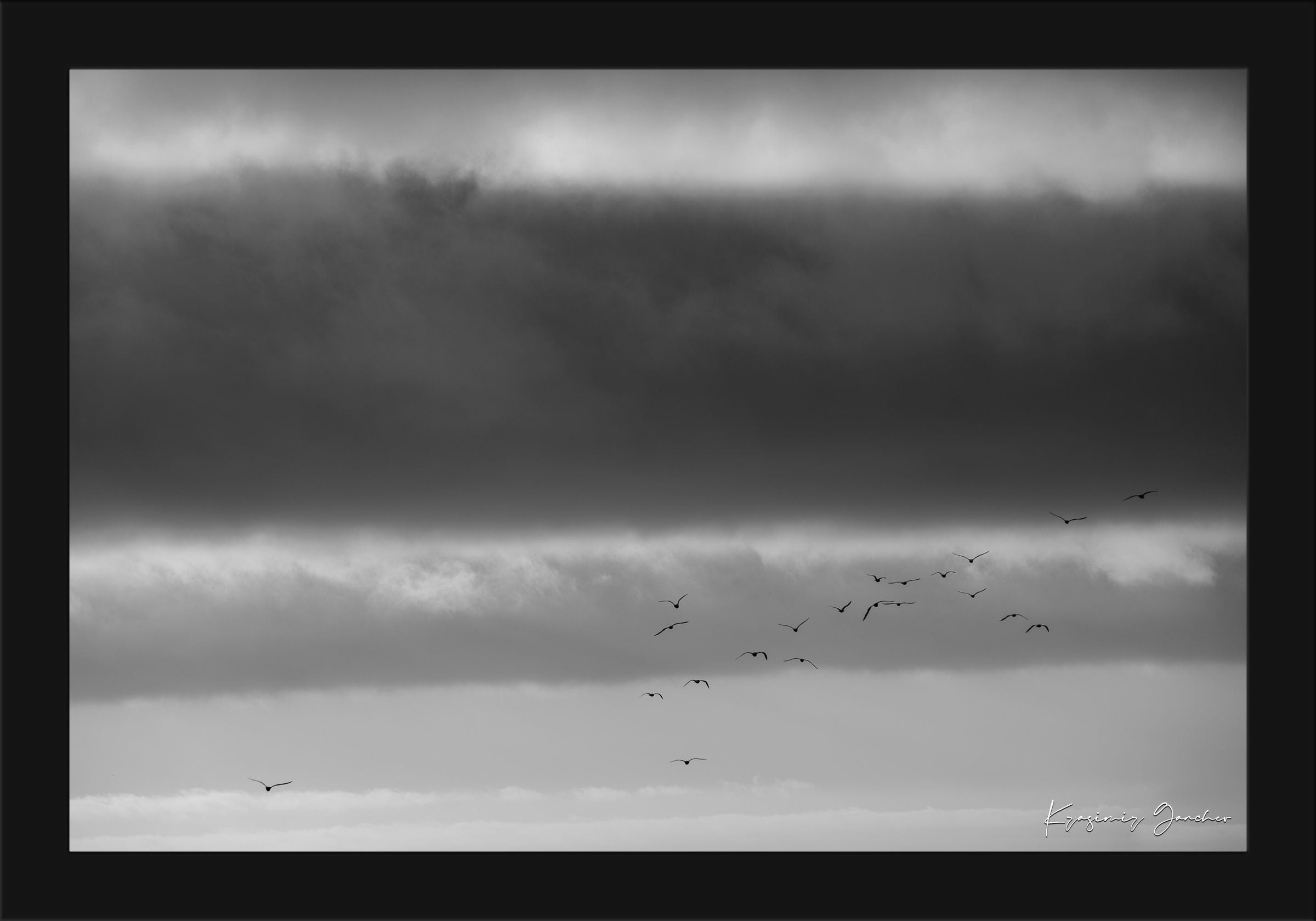 Big Sur landscape under daytime clouds showing a wide sky and distant movement of birds across open terrain. #Finish_Roma Satin Black Frame