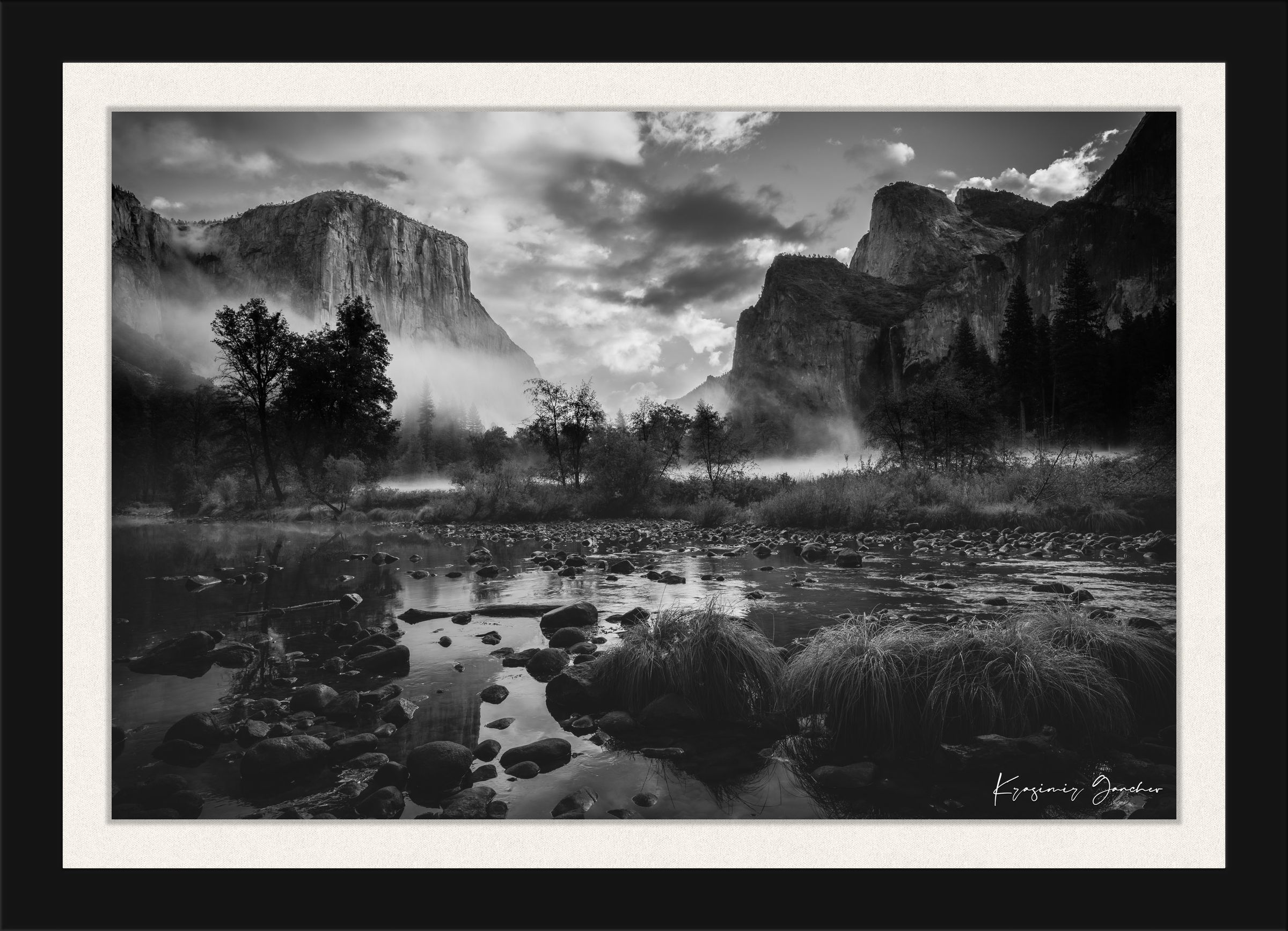 El Capitan at sunrise in Yosemite Valley, misty clouds above a river and waterfall beneath granite cliffs. #Finish_Roma Satin Black Frame & Bright Liner