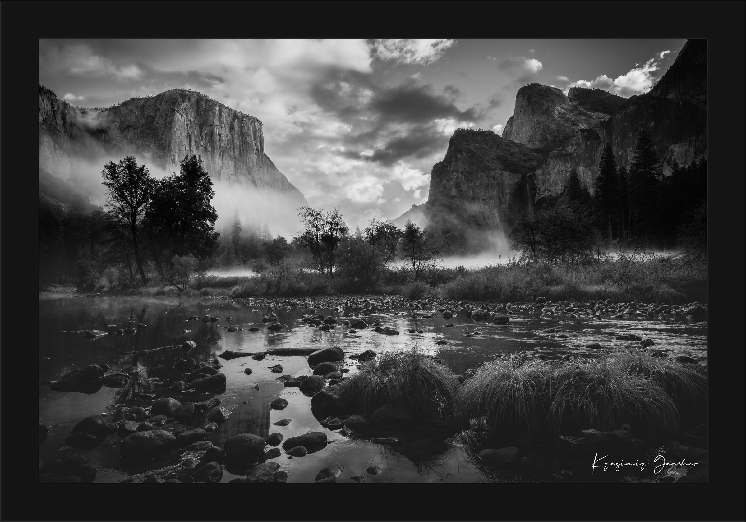 El Capitan at sunrise in Yosemite Valley, misty clouds above a river and waterfall beneath granite cliffs. #Finish_Roma Satin Black Frame
