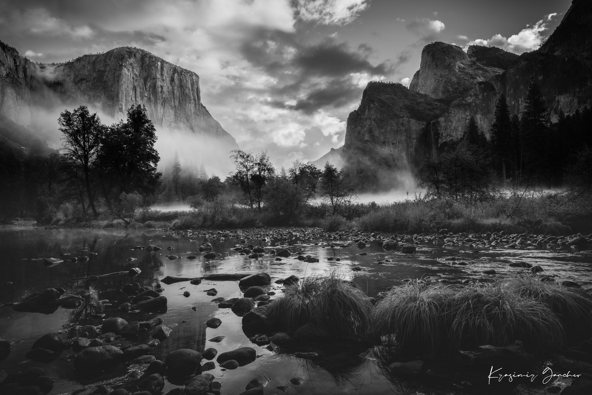 El Capitan at sunrise in Yosemite Valley, misty clouds above a river and waterfall beneath granite cliffs. #Finish_Acrylic Recess