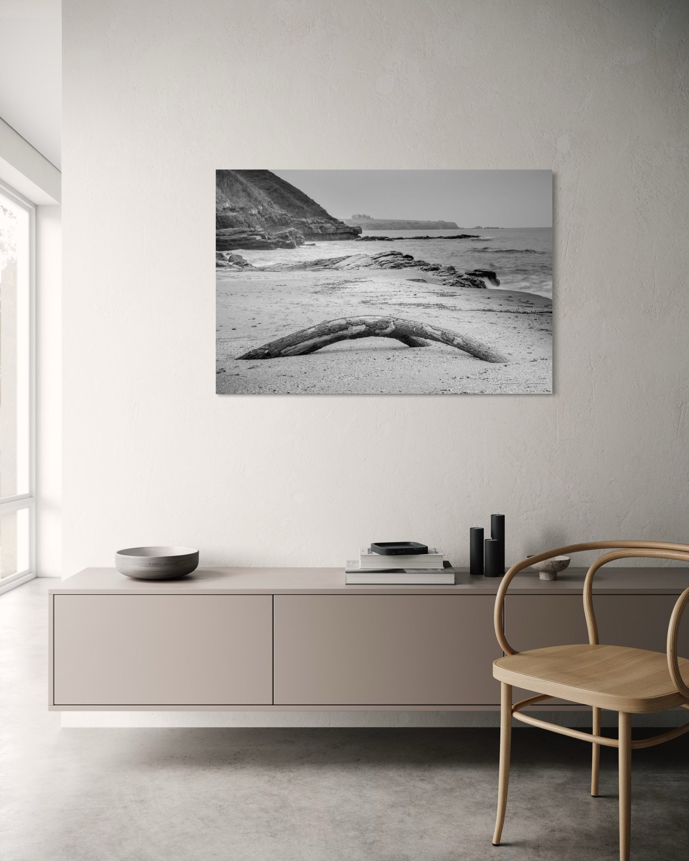 Weathered driftwood on Ahtopol beach along the Black Sea during daylight with haze. #Finish_Acrylic Recess