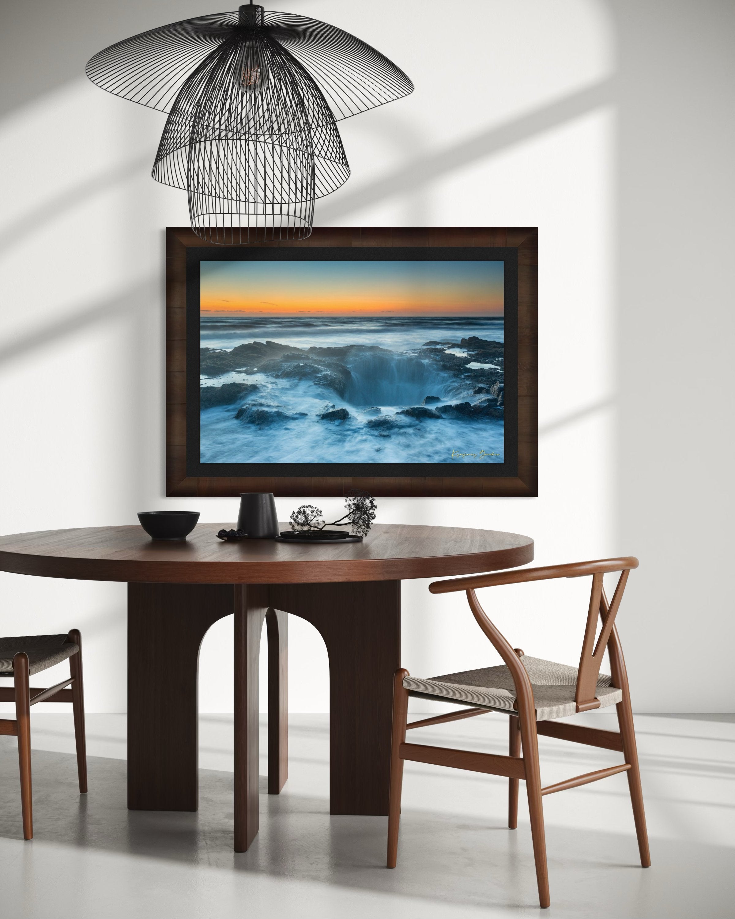 Dusk scene of Thor’s Well with ocean and haze along the Yachats coast, soft gradient sky. #Finish_Roma Cigar Leaf Frame & Dark Liner