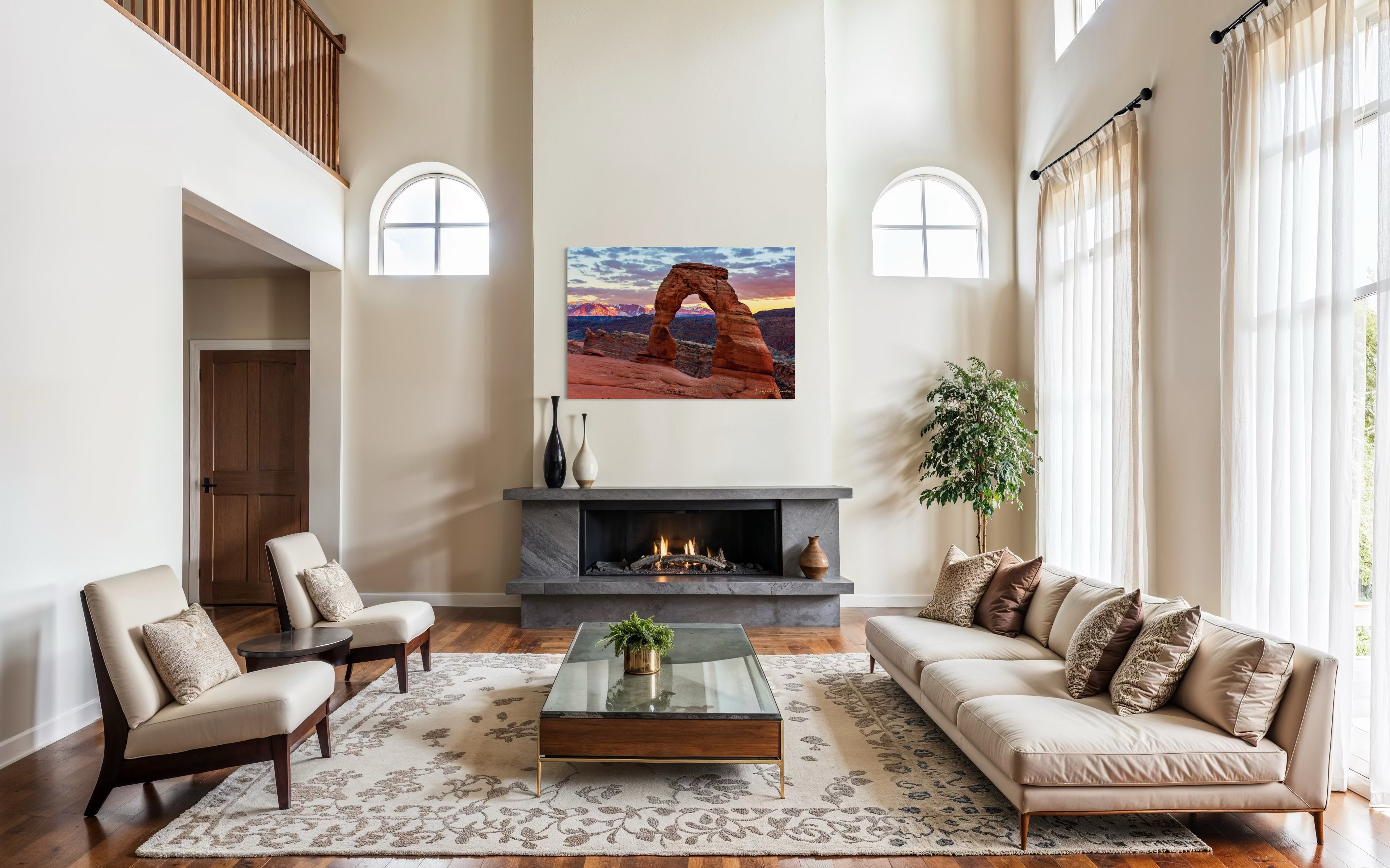 Natural arch of Delicate Arch in Arches National Park illuminated by sunset glow against a cloudy sky with vibrant reds and purples. #Finish_Acrylic Recess