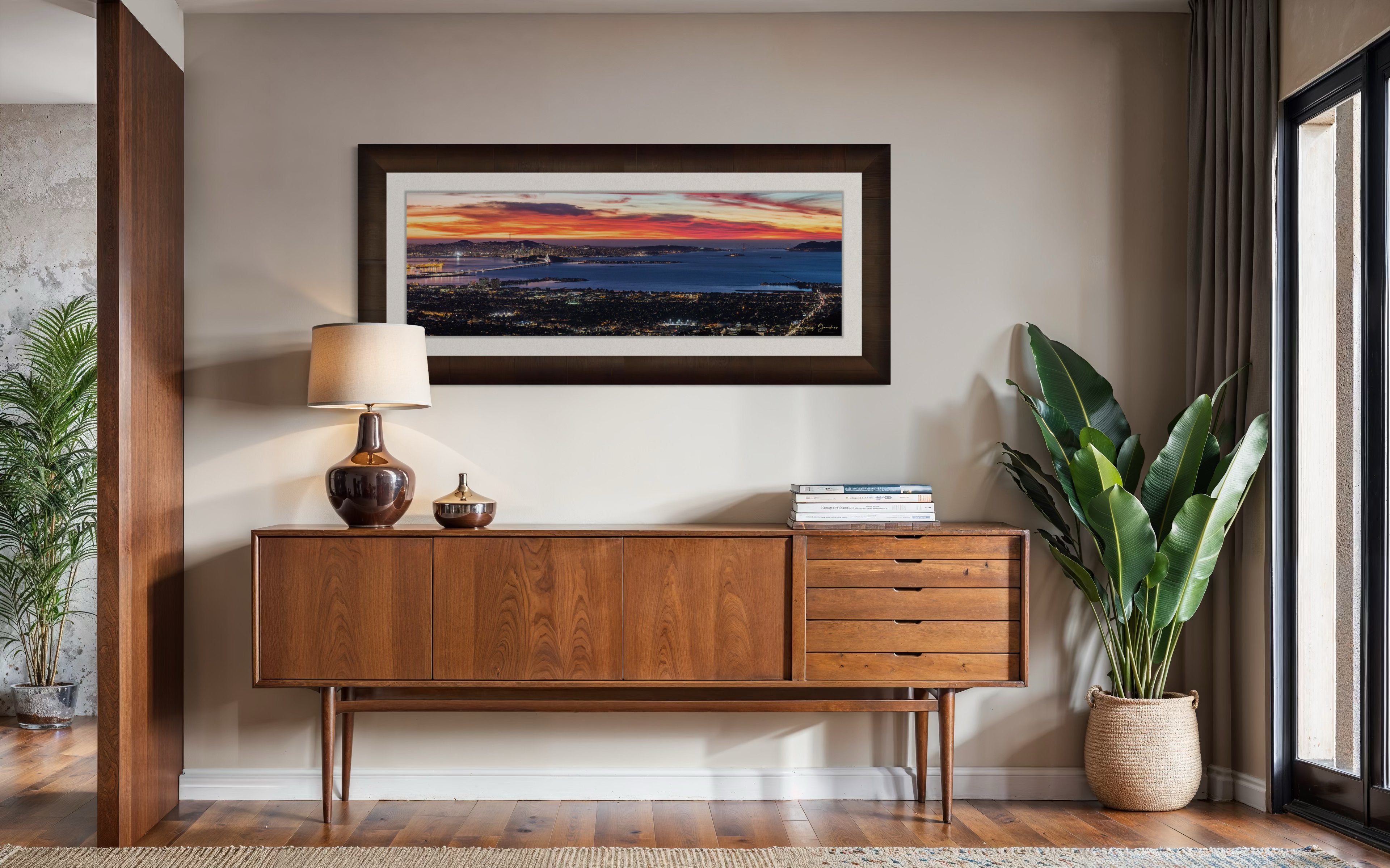 Wide-angle view of San Francisco’s Bay Bridge lit by dusk, urban grid patterns reflecting across the bay under cloudy skies. #Finish_Roma Cigar Leaf Frame & Bright Liner