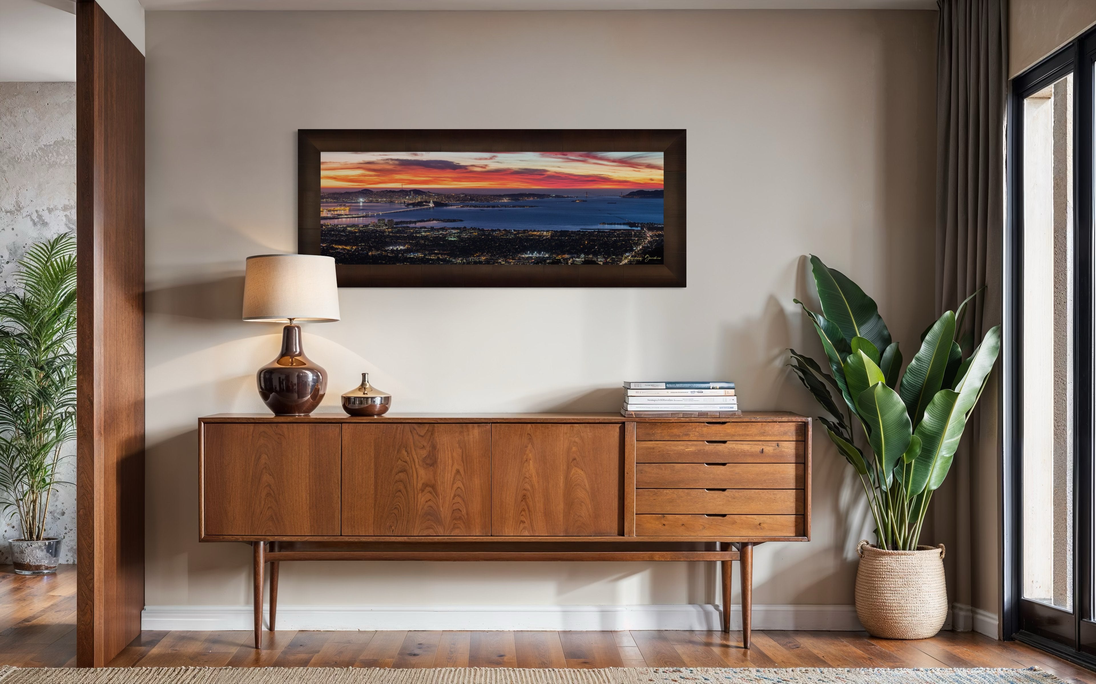 Wide-angle view of San Francisco’s Bay Bridge lit by dusk, urban grid patterns reflecting across the bay under cloudy skies. #Finish_Roma Cigar Leaf Frame