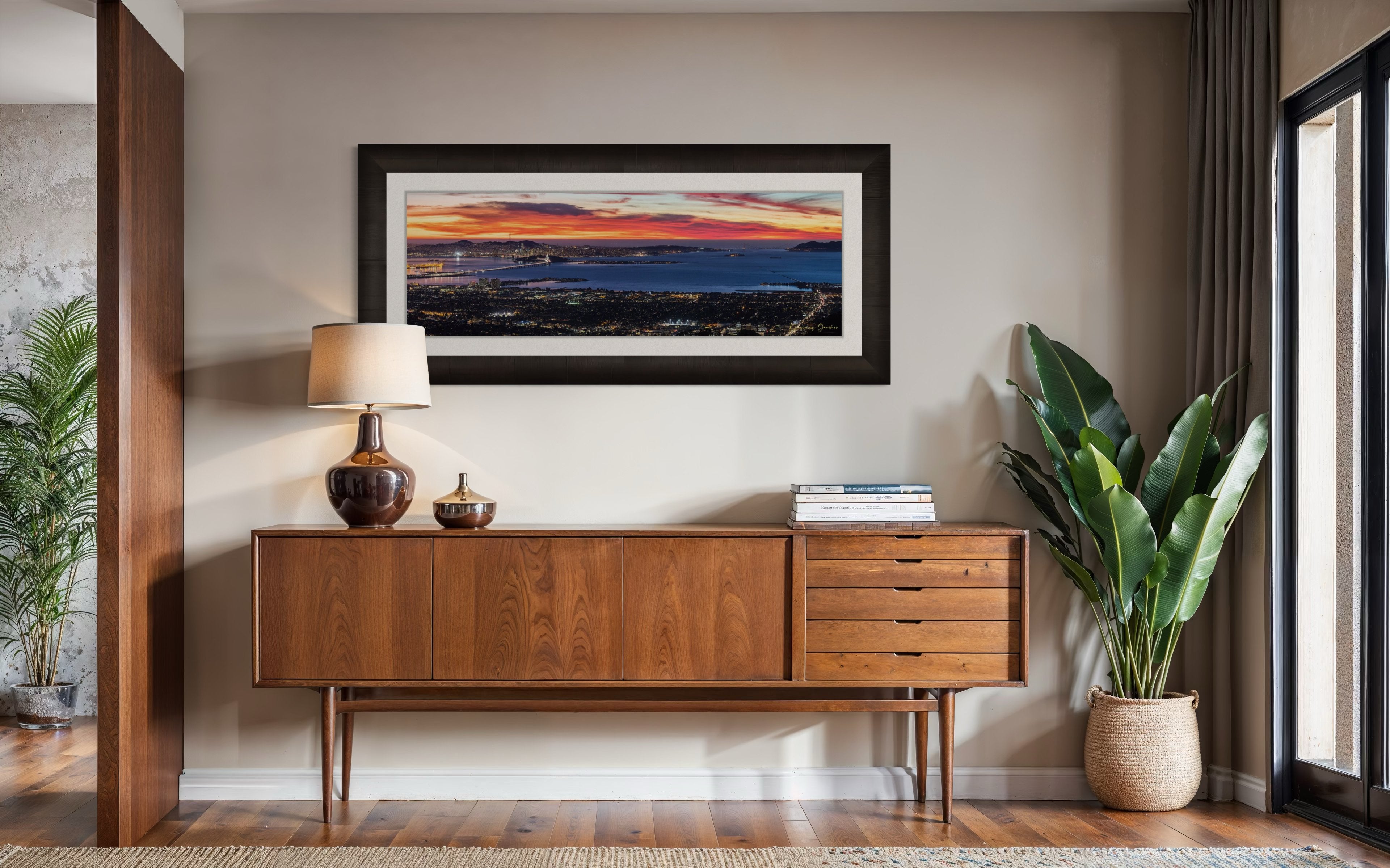 Wide-angle view of San Francisco’s Bay Bridge lit by dusk, urban grid patterns reflecting across the bay under cloudy skies. #Finish_Roma Dark Ash Frame & Bright Liner