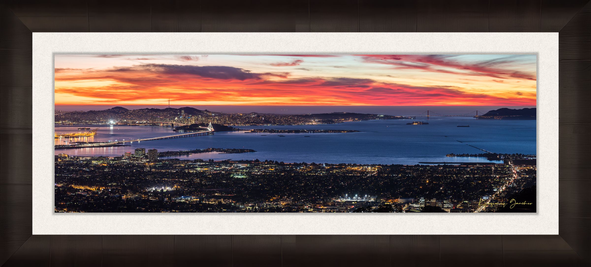 Wide-angle view of San Francisco’s Bay Bridge lit by dusk, urban grid patterns reflecting across the bay under cloudy skies. #Finish_Roma Dark Ash Frame & Bright Liner
