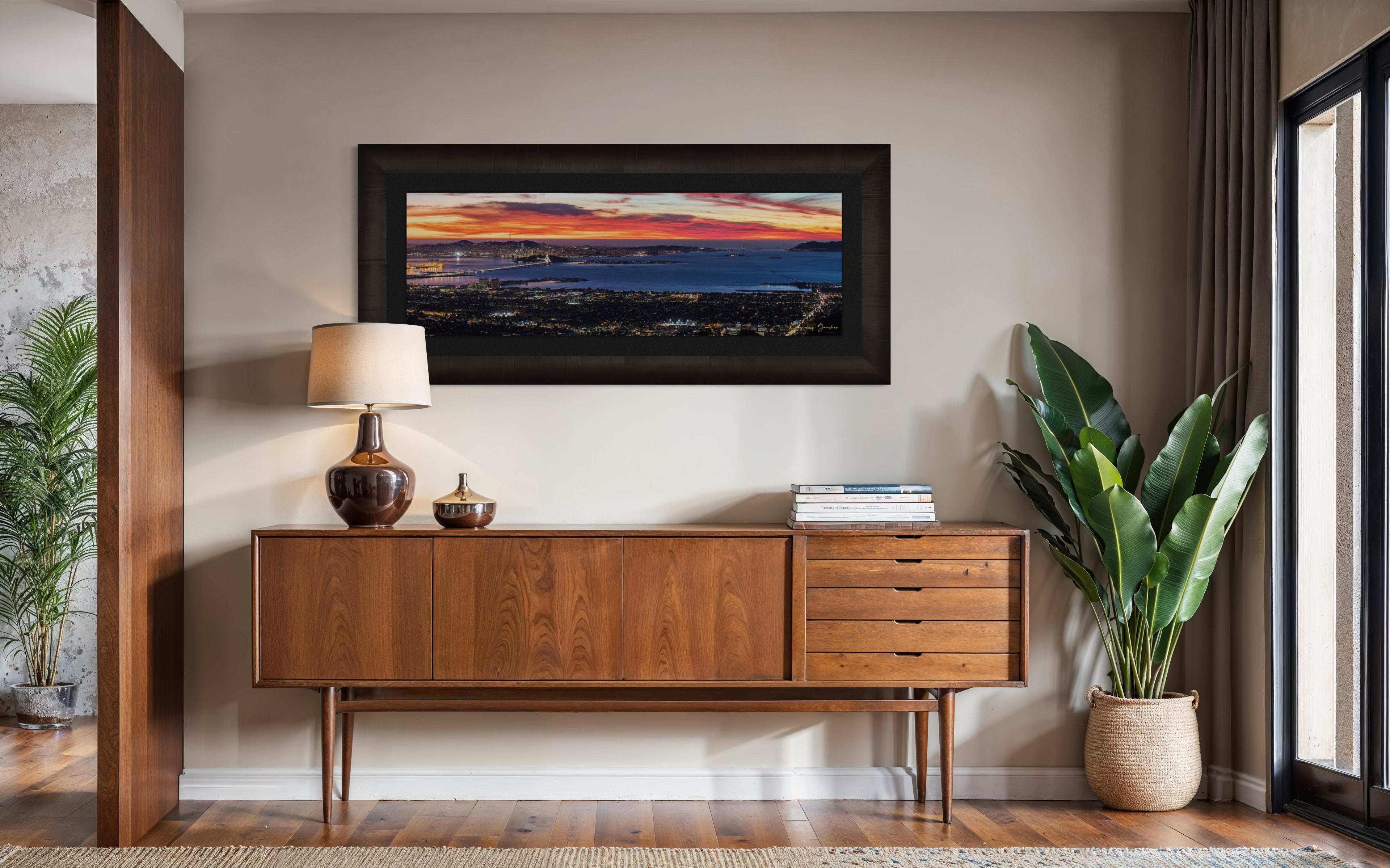 Wide-angle view of San Francisco’s Bay Bridge lit by dusk, urban grid patterns reflecting across the bay under cloudy skies. #Finish_Roma Dark Ash Frame & Dark Liner