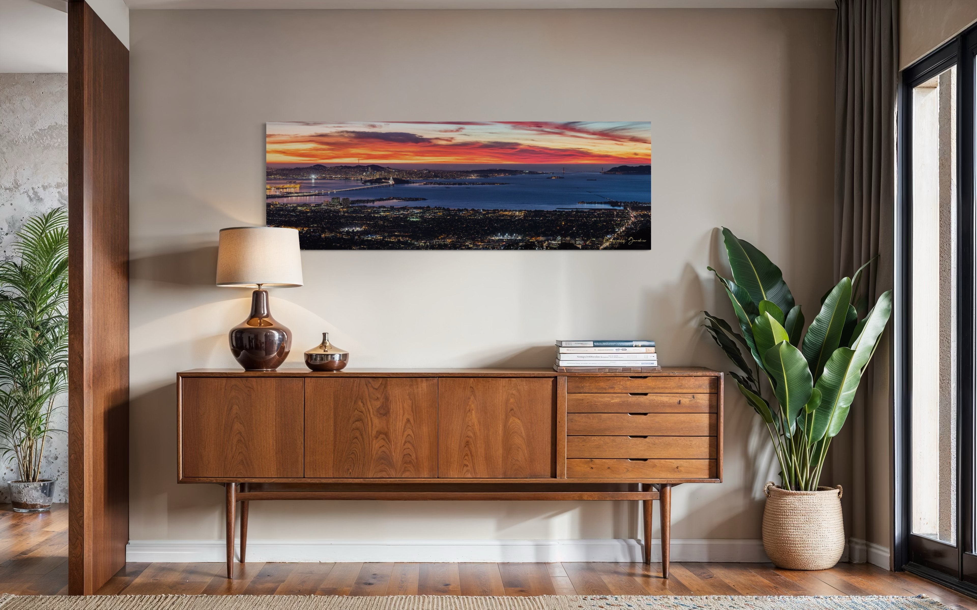 Wide-angle view of San Francisco’s Bay Bridge lit by dusk, urban grid patterns reflecting across the bay under cloudy skies. #Finish_Acrylic Recess