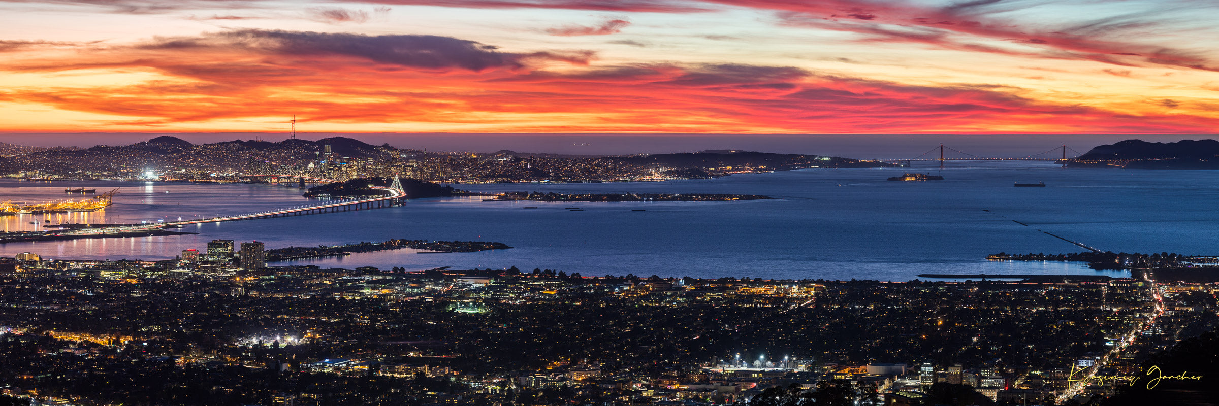 Wide-angle view of San Francisco’s Bay Bridge lit by dusk, urban grid patterns reflecting across the bay under cloudy skies. #Finish_Acrylic Recess