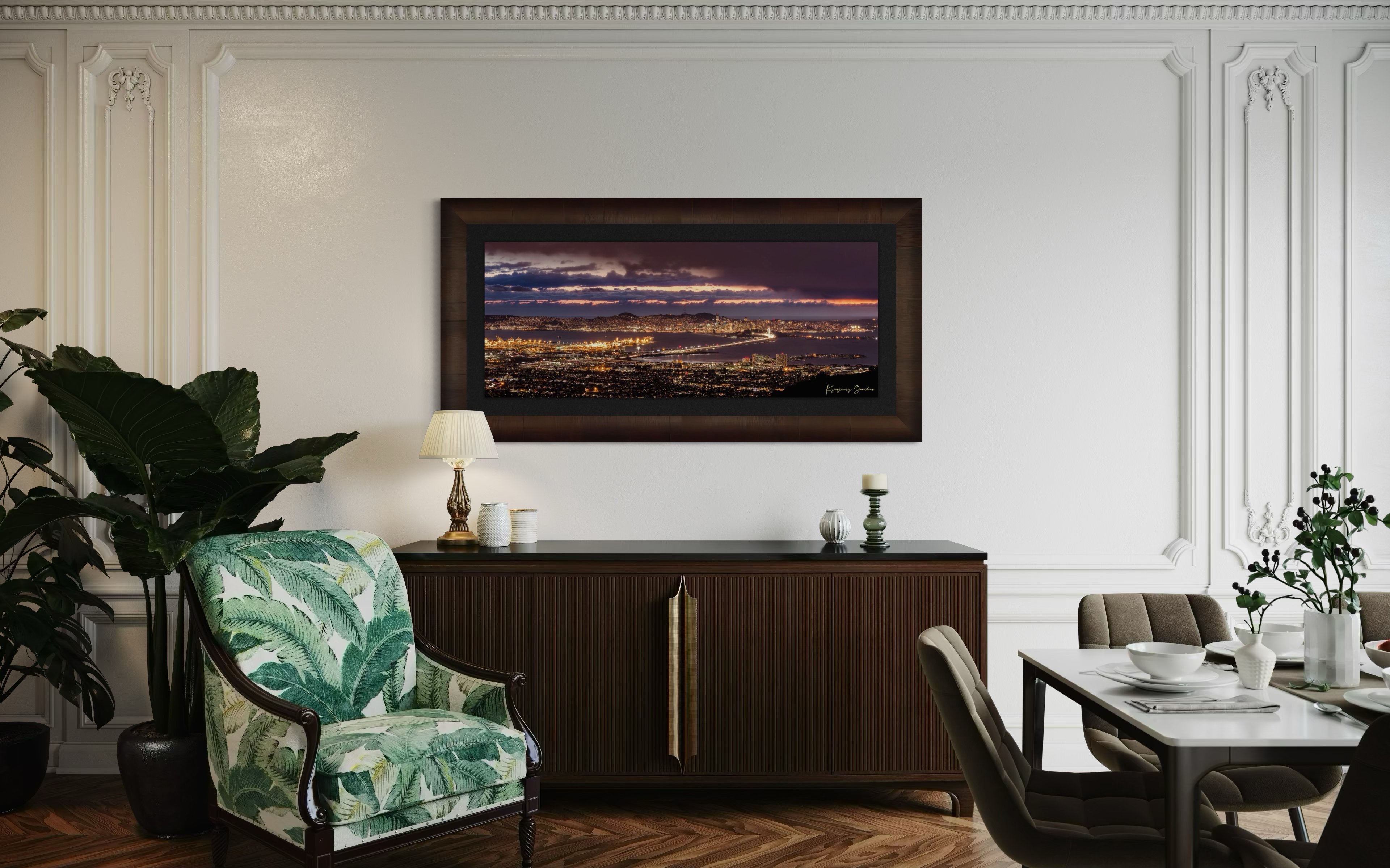 Landscape photograph of Golden Gate Bridge illuminated at night over San Francisco Bay under cloudy skies. #Finish_Roma Cigar Leaf Frame & Dark Liner