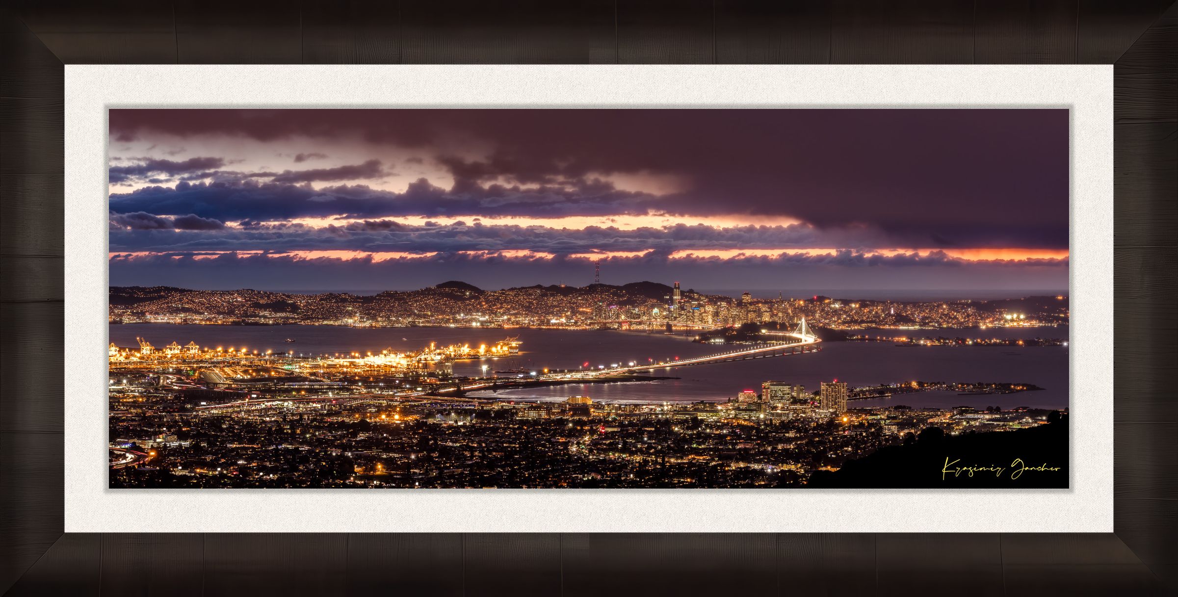 Landscape photograph of Golden Gate Bridge illuminated at night over San Francisco Bay under cloudy skies. #Finish_Roma Dark Ash Frame & Bright Liner