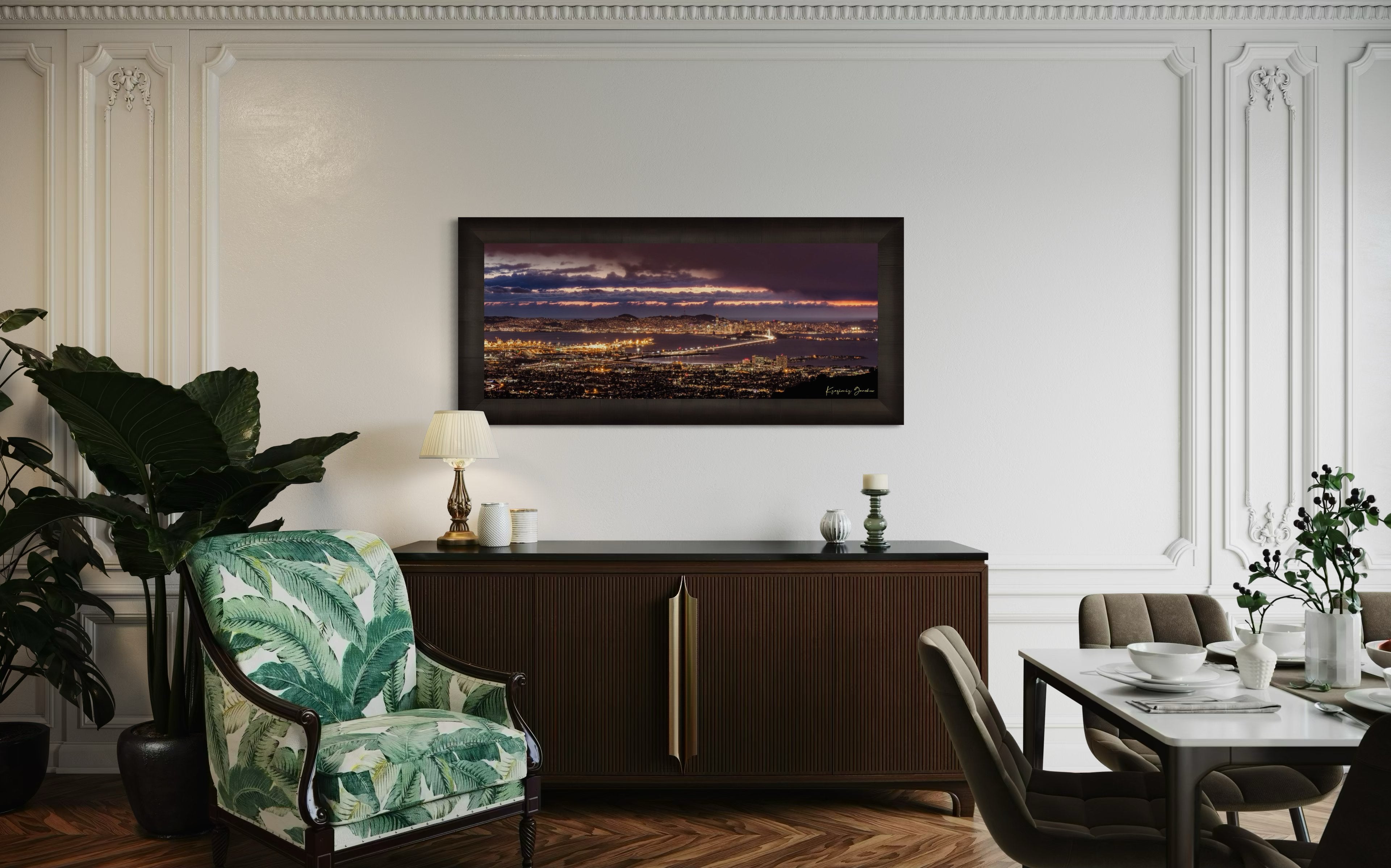 Landscape photograph of Golden Gate Bridge illuminated at night over San Francisco Bay under cloudy skies. #Finish_Roma Dark Ash Frame