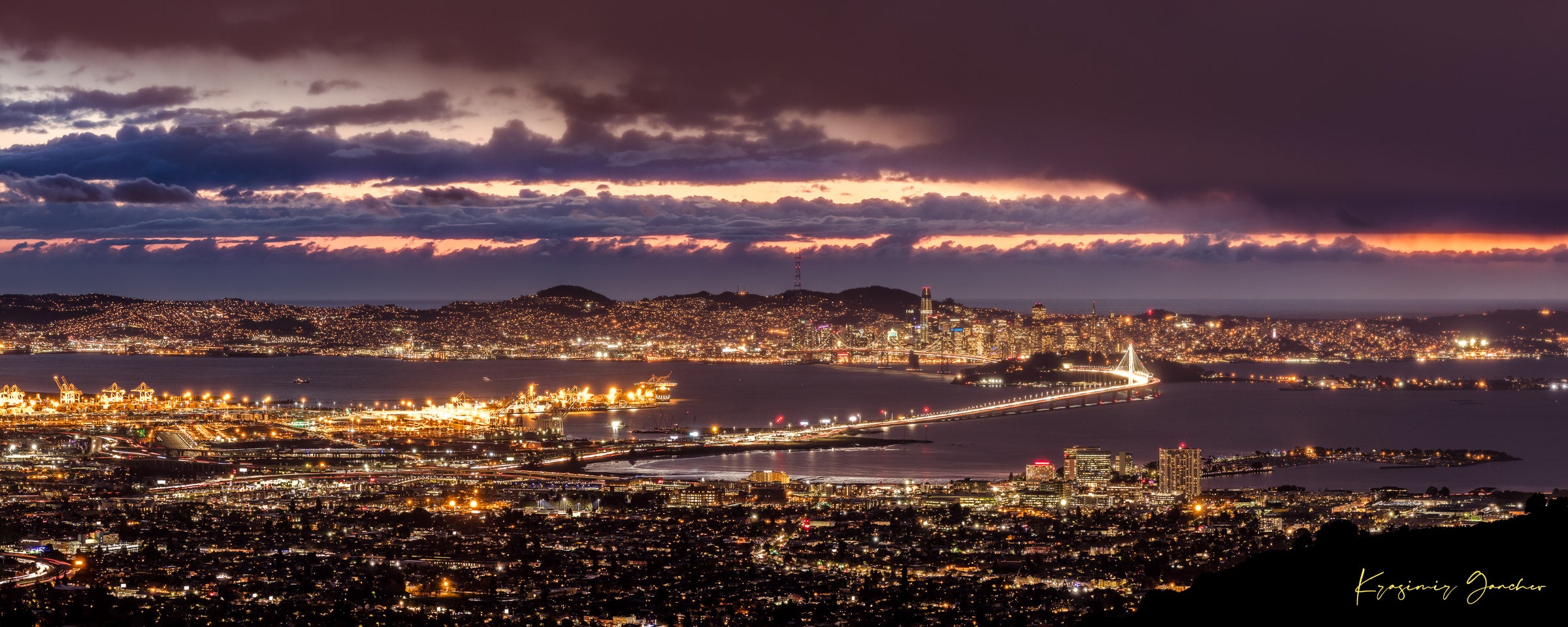 Landscape photograph of Golden Gate Bridge illuminated at night over San Francisco Bay under cloudy skies. #Finish_Acrylic Recess