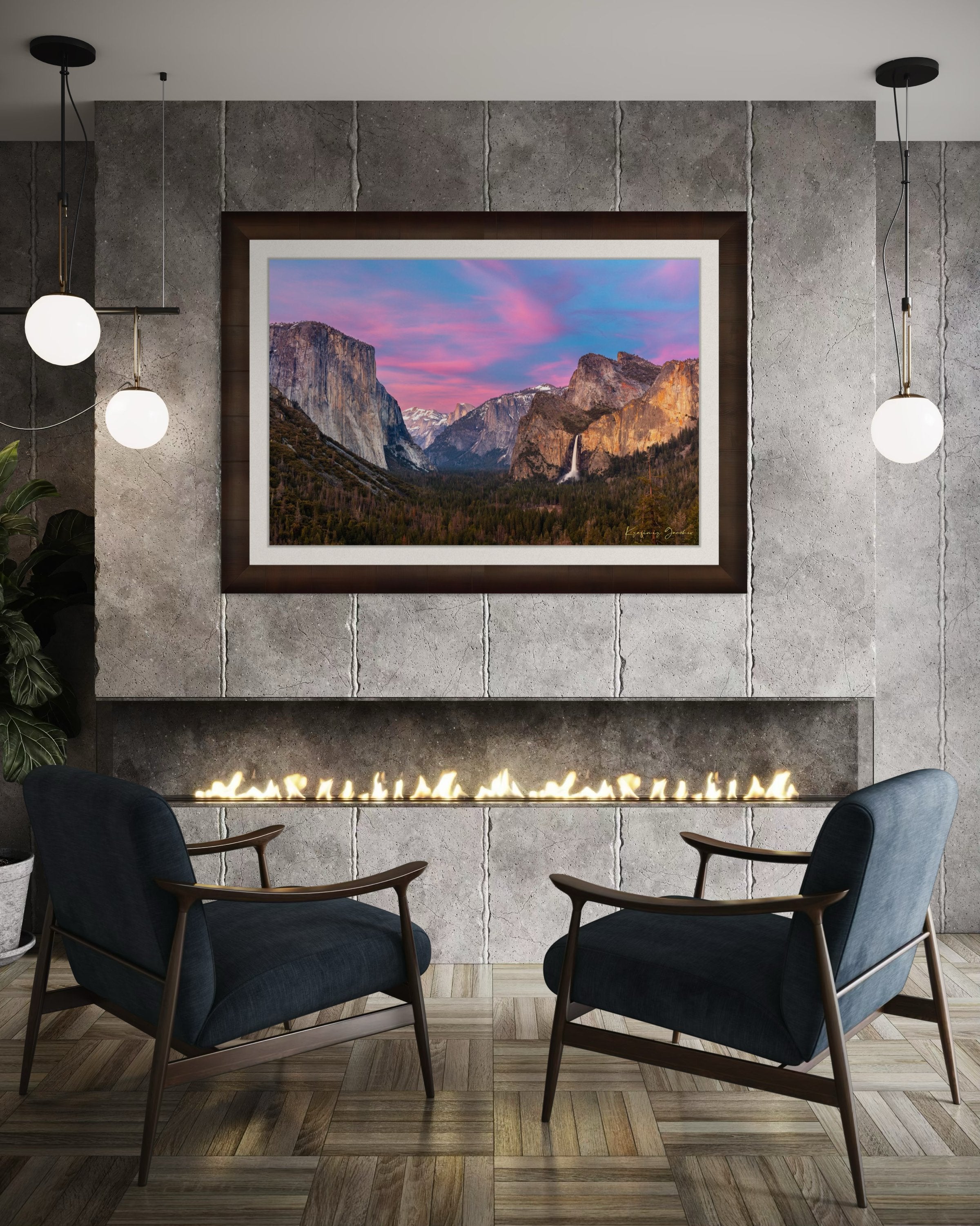 Yosemite Valley view of El Capitan monolith beneath snowy peaks, soft rose-lavender sky and cloud-covered horizon. #Finish_Roma Cigar Leaf Frame & Bright Liner