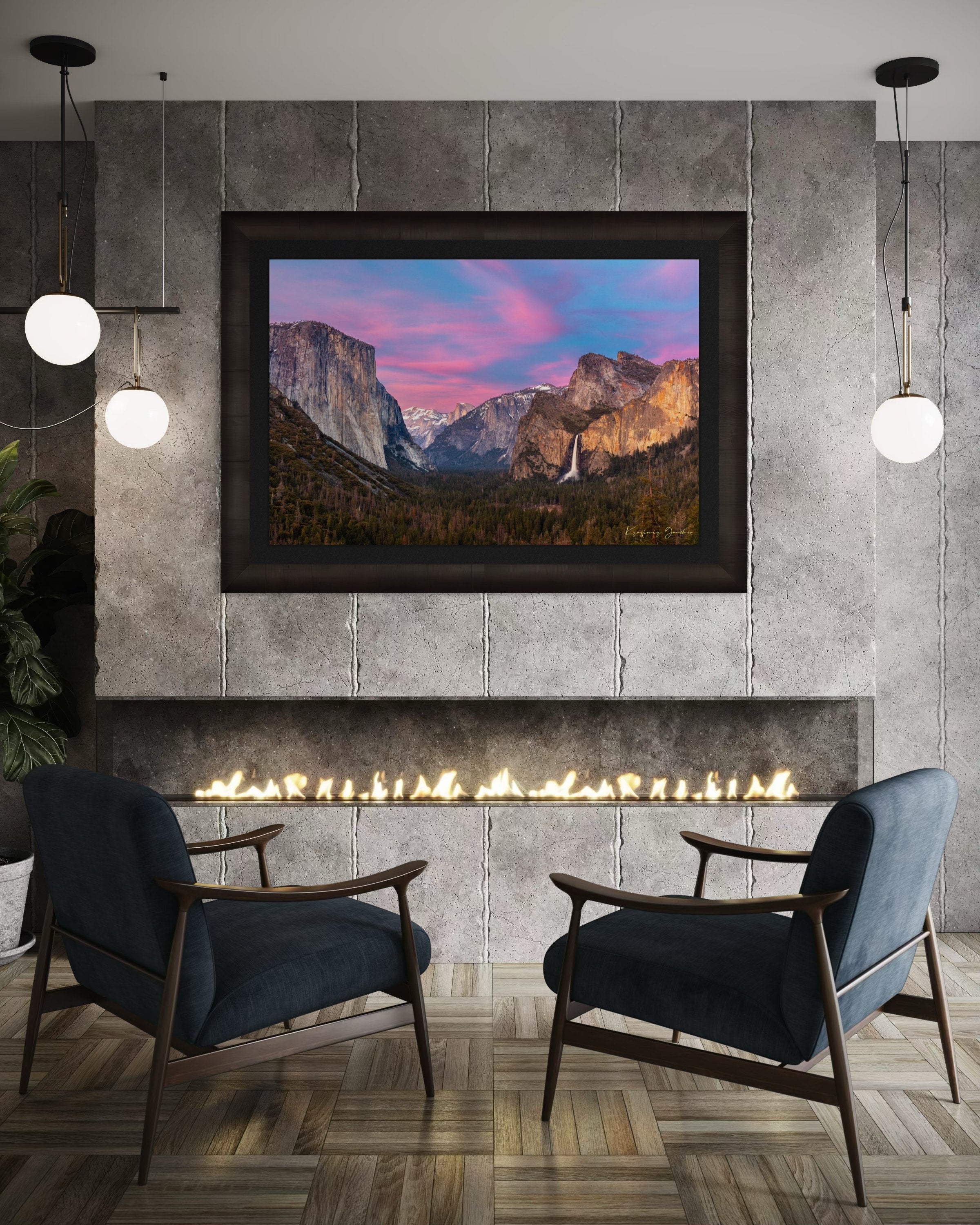 Yosemite Valley view of El Capitan monolith beneath snowy peaks, soft rose-lavender sky and cloud-covered horizon. #Finish_Roma Dark Ash Frame & Dark Liner