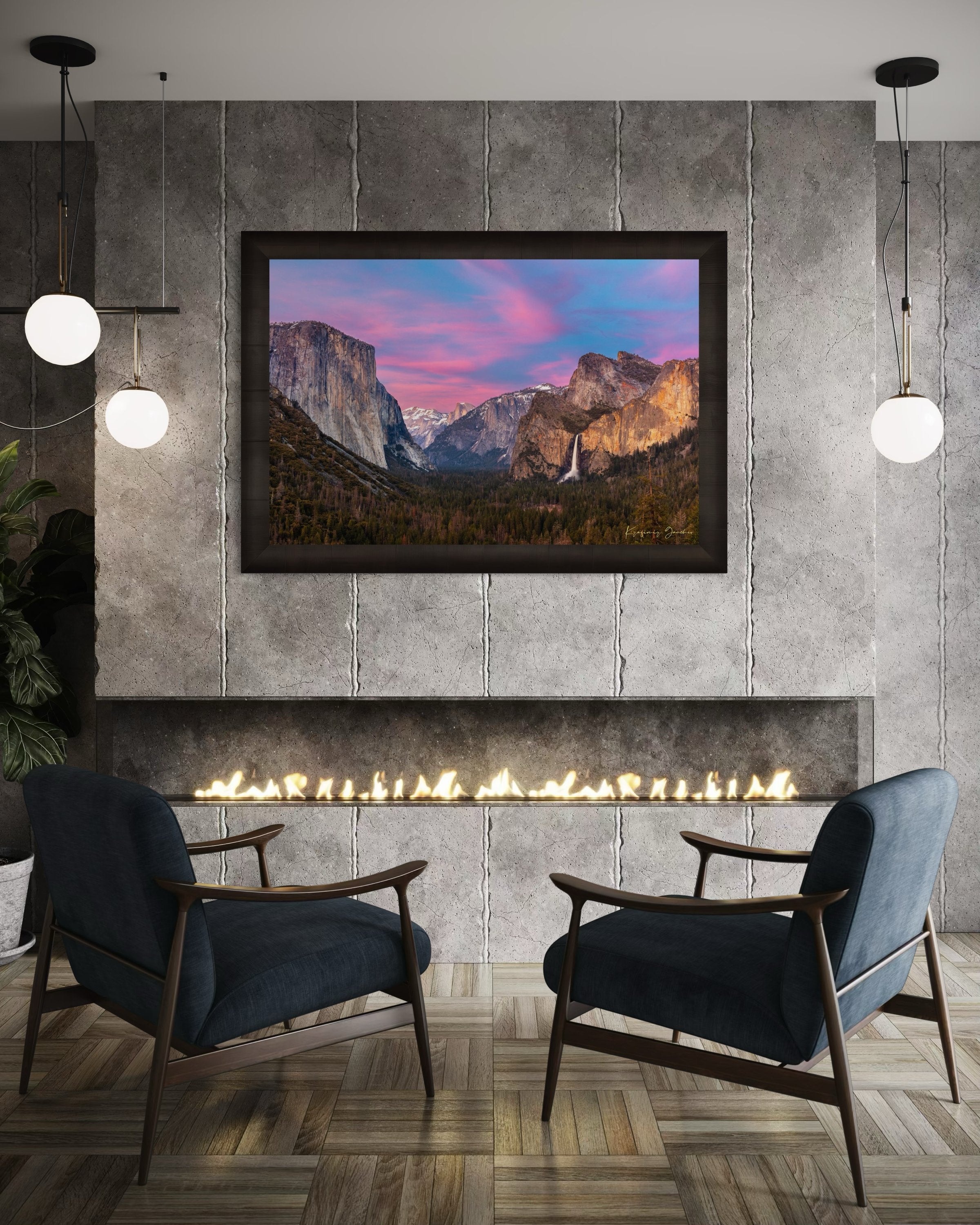 Yosemite Valley view of El Capitan monolith beneath snowy peaks, soft rose-lavender sky and cloud-covered horizon. #Finish_Roma Dark Ash Frame