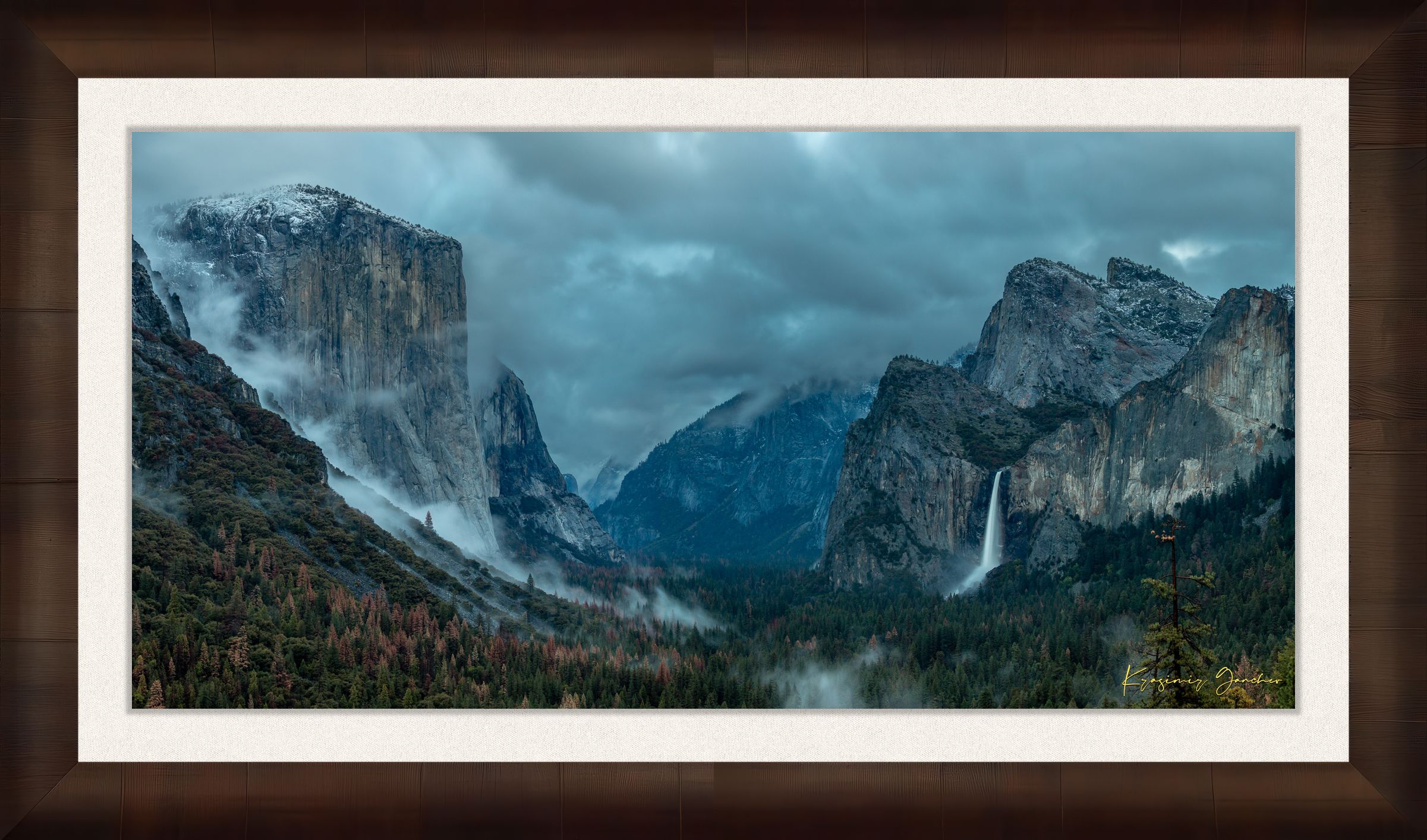 Bridalveil Falls surrounded by mist and clouds in Yosemite Valley during twilight, shadowed monoliths visible. #Finish_Roma Cigar Leaf Frame & Bright Liner