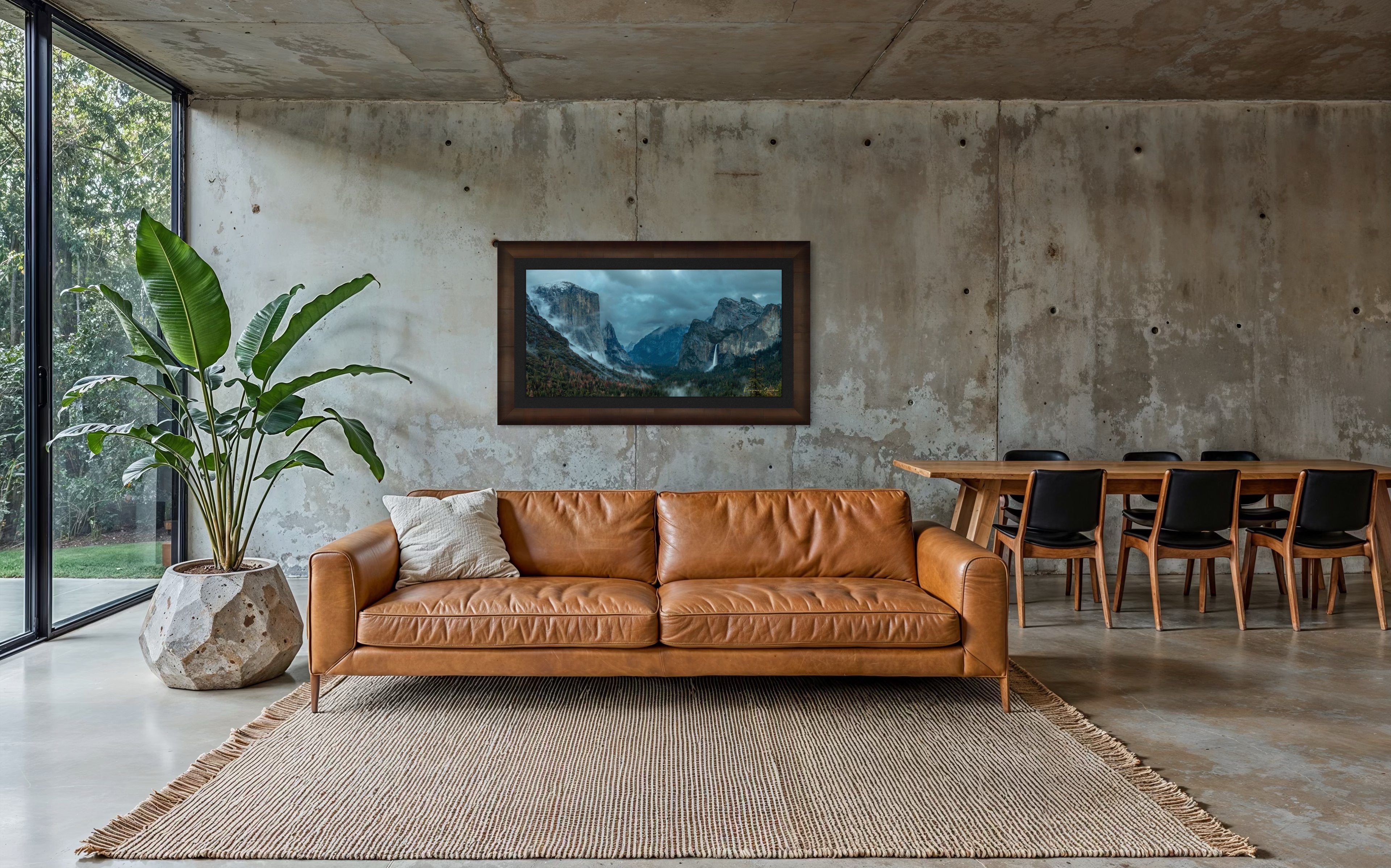 Bridalveil Falls surrounded by mist and clouds in Yosemite Valley during twilight, shadowed monoliths visible. #Finish_Roma Cigar Leaf Frame & Dark Liner