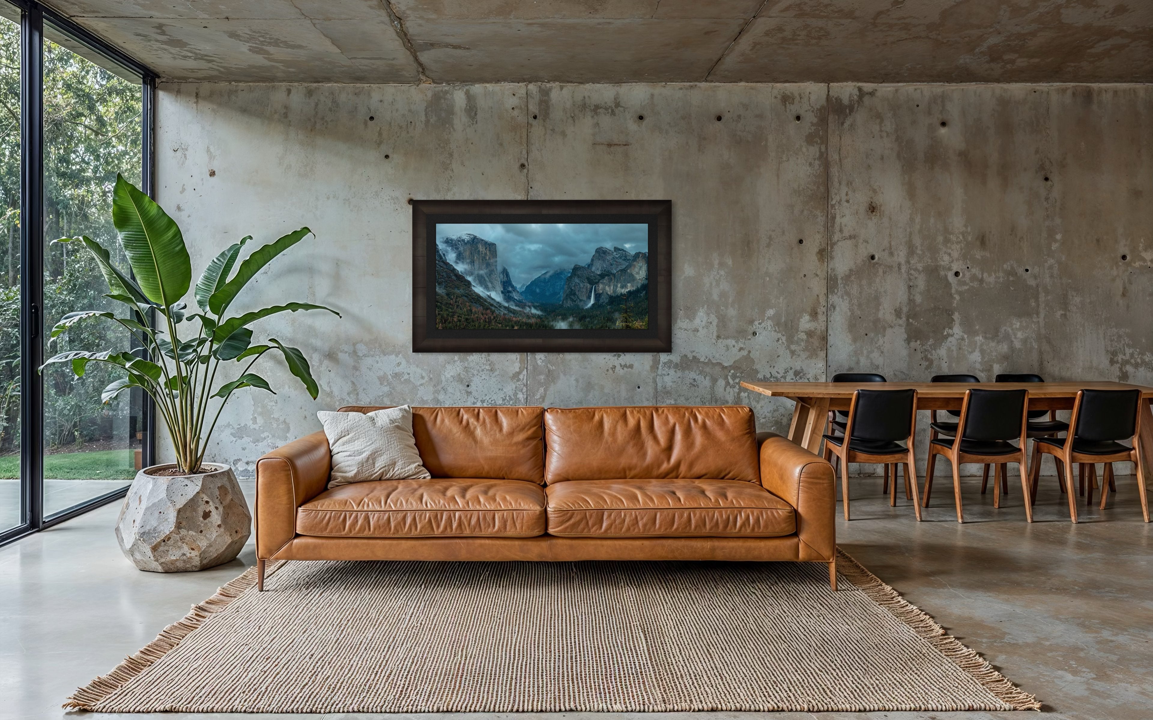 Bridalveil Falls surrounded by mist and clouds in Yosemite Valley during twilight, shadowed monoliths visible. #Finish_Roma Dark Ash Frame & Dark Liner