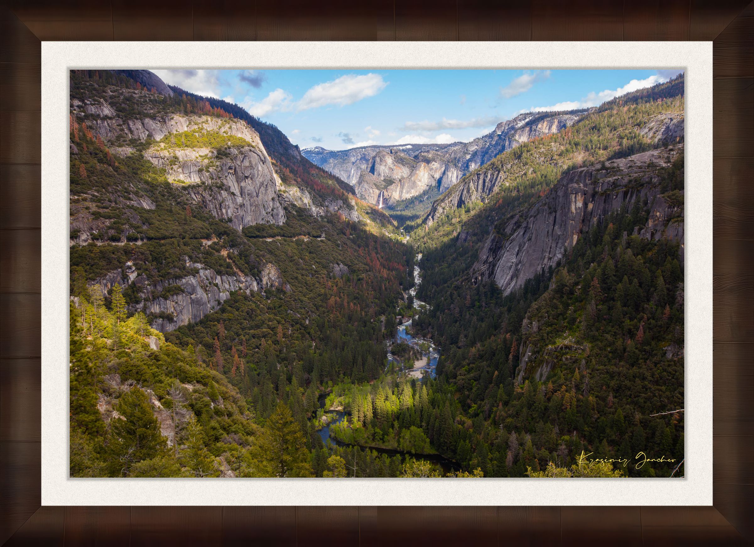 Merced River winding through a wooded valley in Yosemite National Park under daylight and soft evening sun with scattered clouds. #Finish_Roma Cigar Leaf Frame & Bright Liner