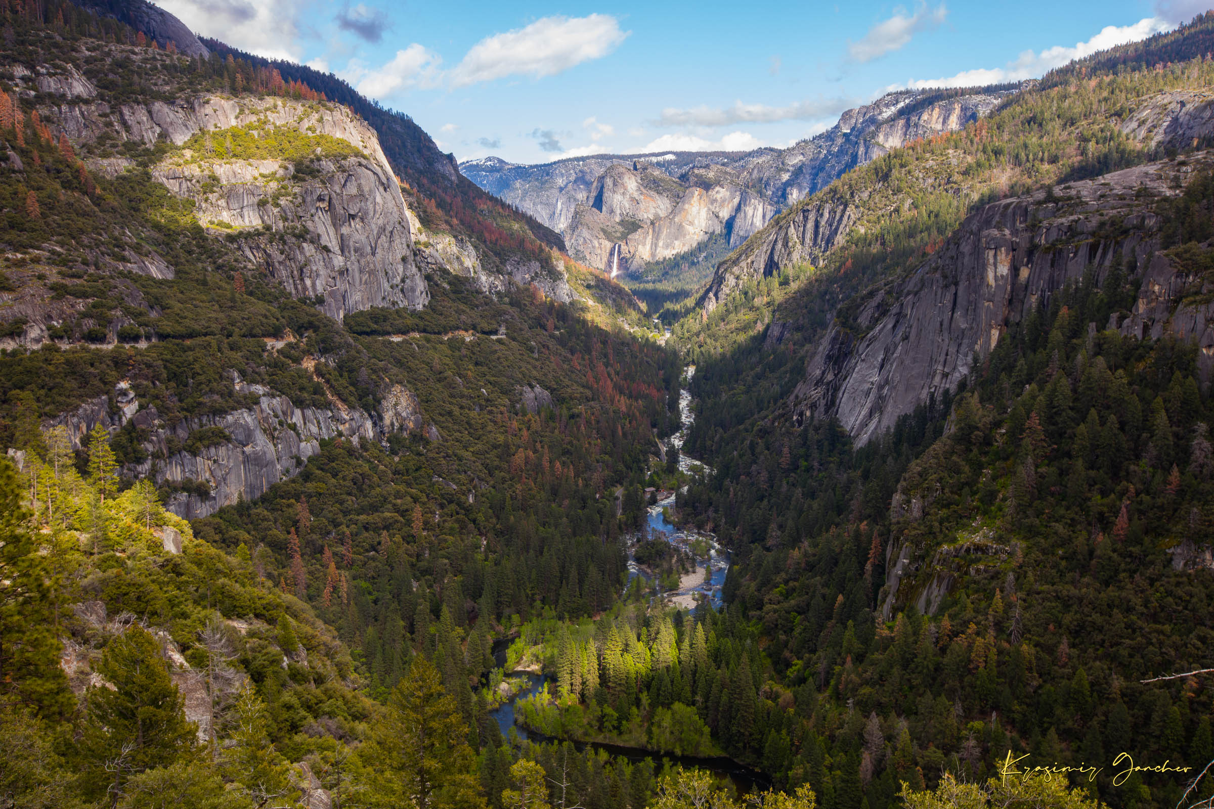 Merced River winding through a wooded valley in Yosemite National Park under daylight and soft evening sun with scattered clouds. #Finish_Acrylic Recess