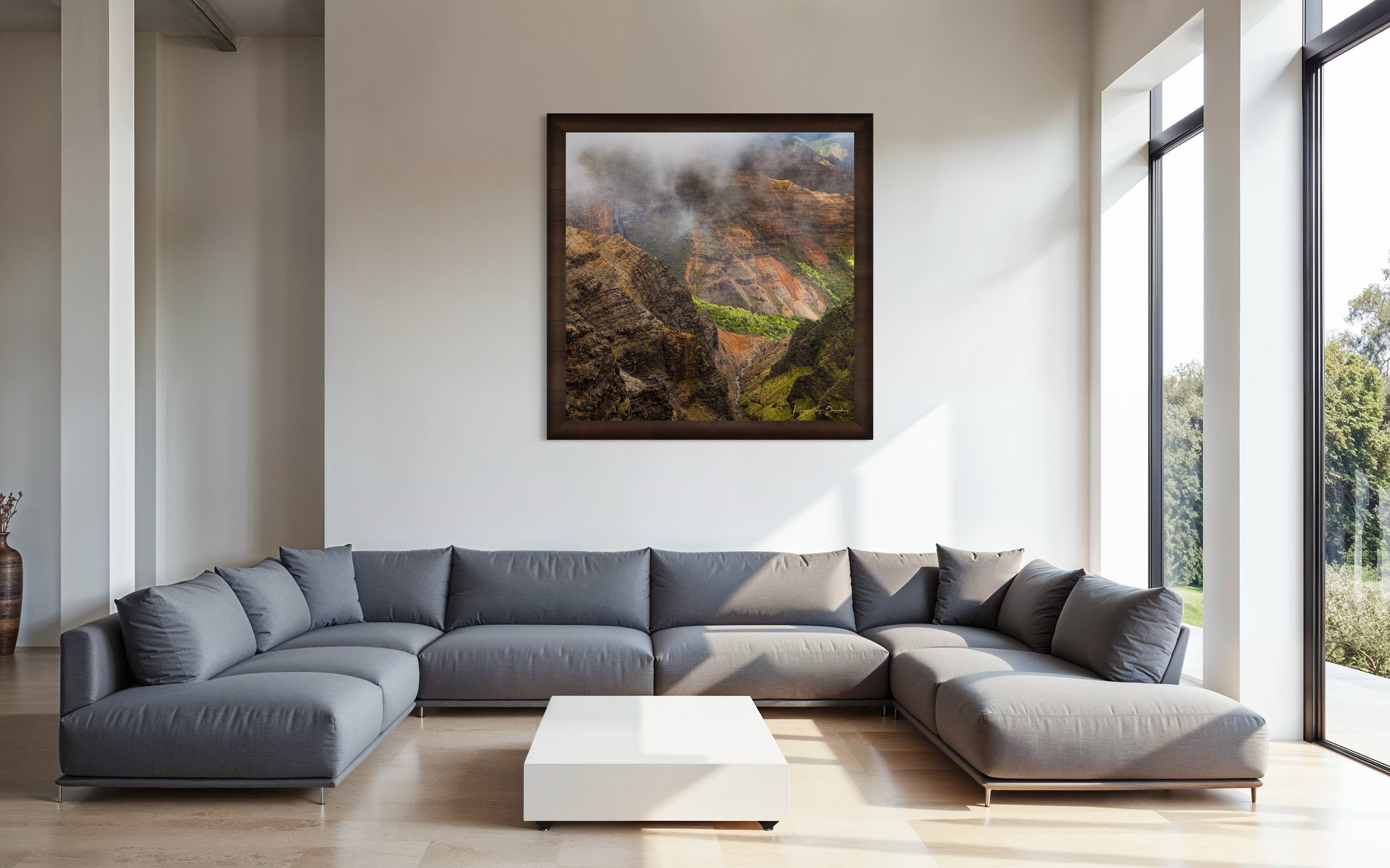 Waterfall descending into Waimea Canyon on Kauai, mist rising through dense foliage in foggy conditions. #Finish_Roma Cigar Leaf Frame