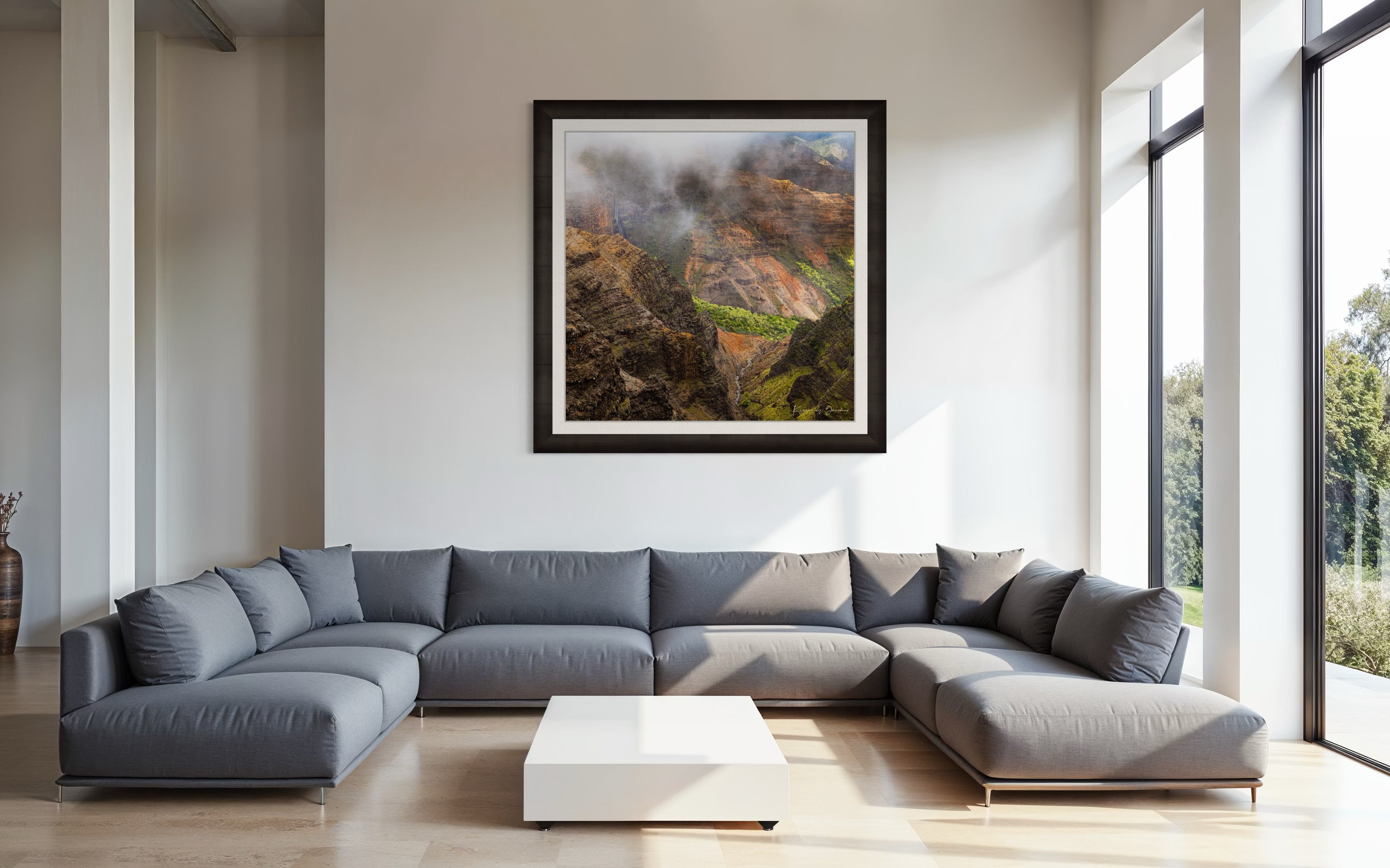Waterfall descending into Waimea Canyon on Kauai, mist rising through dense foliage in foggy conditions. #Finish_Roma Dark Ash Frame & Bright Liner