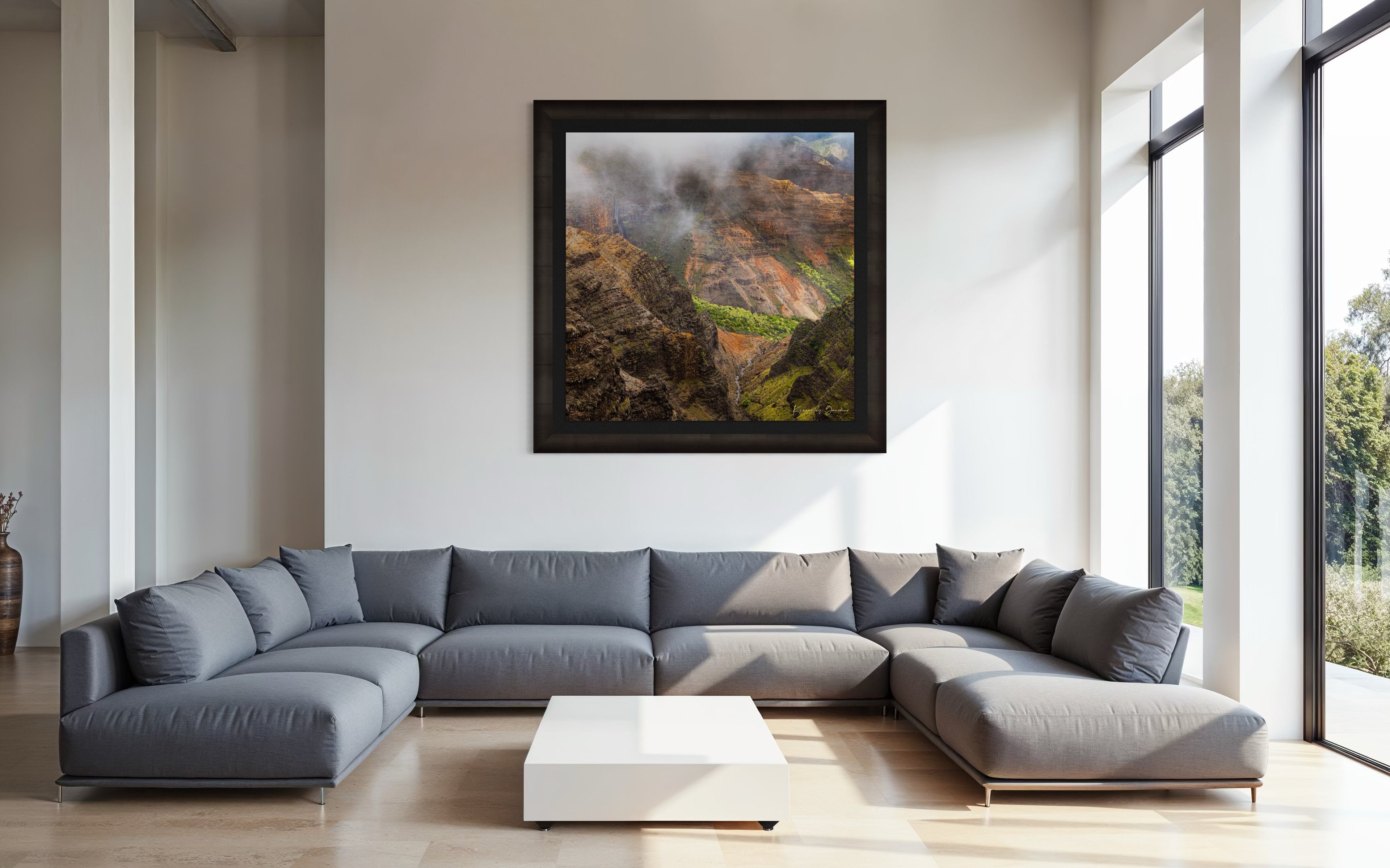 Waterfall descending into Waimea Canyon on Kauai, mist rising through dense foliage in foggy conditions. #Finish_Roma Dark Ash Frame & Dark Liner