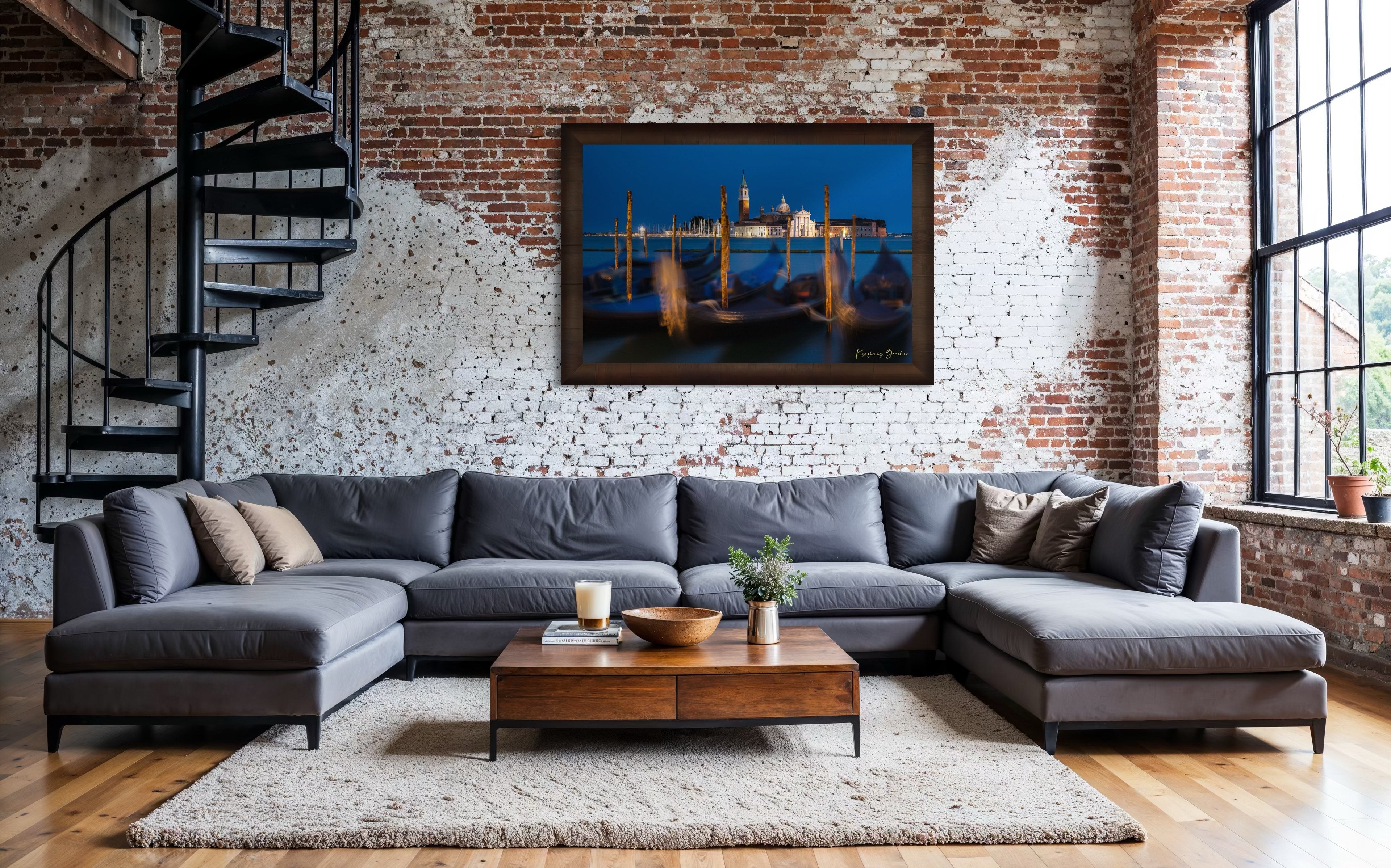 Venice lagoon at evening, San Giorgio Maggiore Church illuminated with gondolas and cool blue sky. #Finish_Roma Cigar Leaf Frame