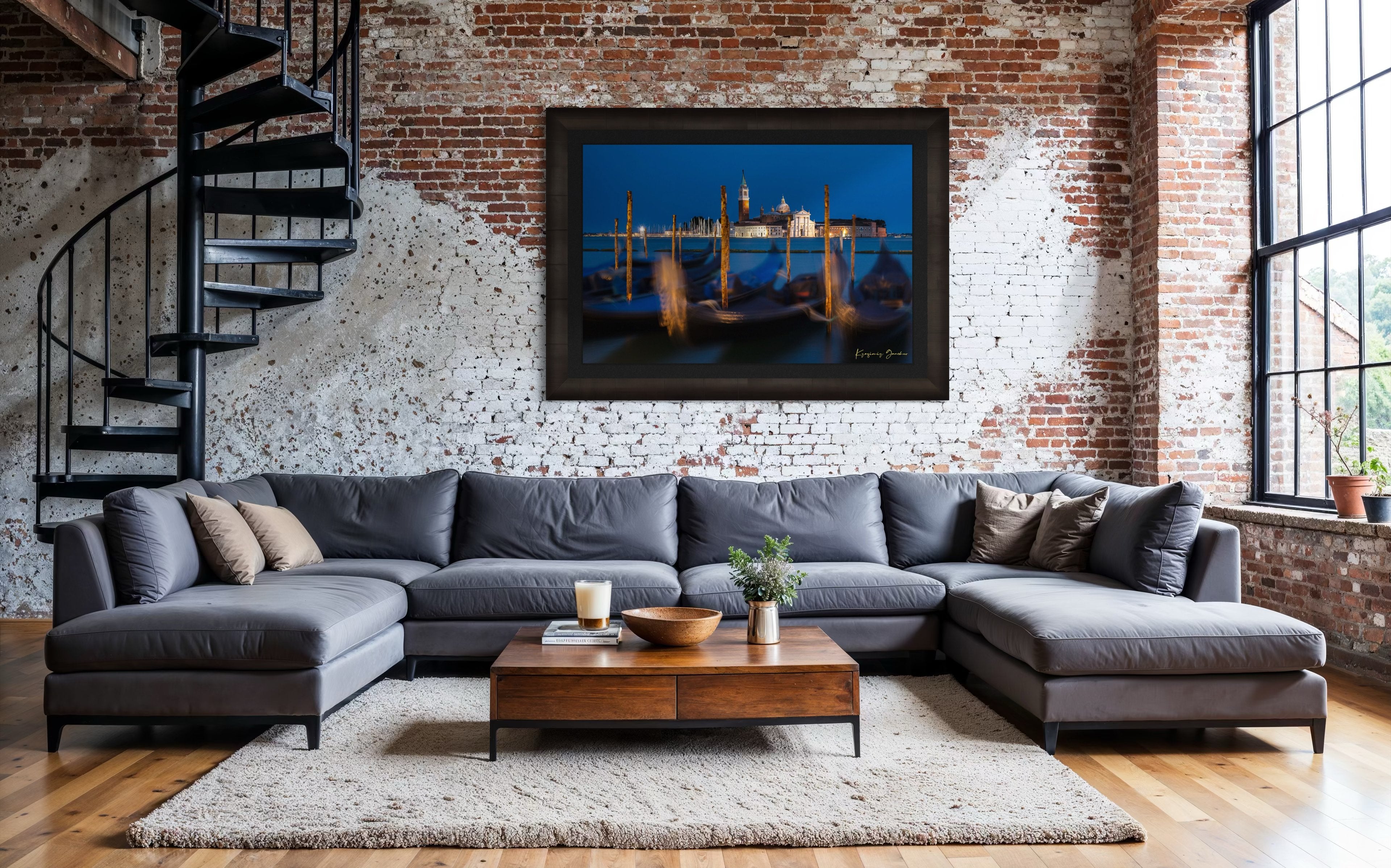 Venice lagoon at evening, San Giorgio Maggiore Church illuminated with gondolas and cool blue sky. #Finish_Roma Dark Ash Frame & Dark Liner